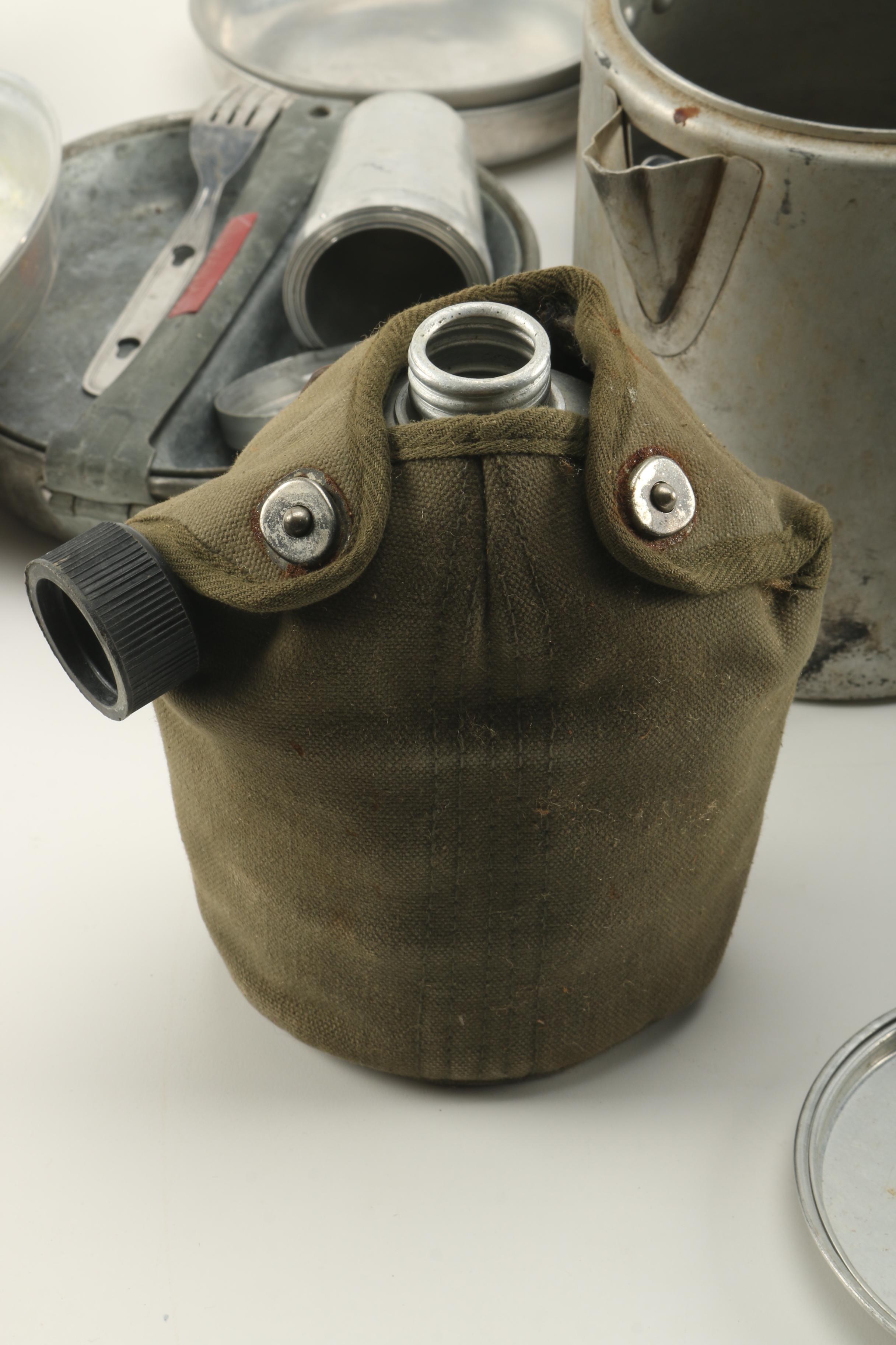 Vintage Military Cookware in Red Metal Crate