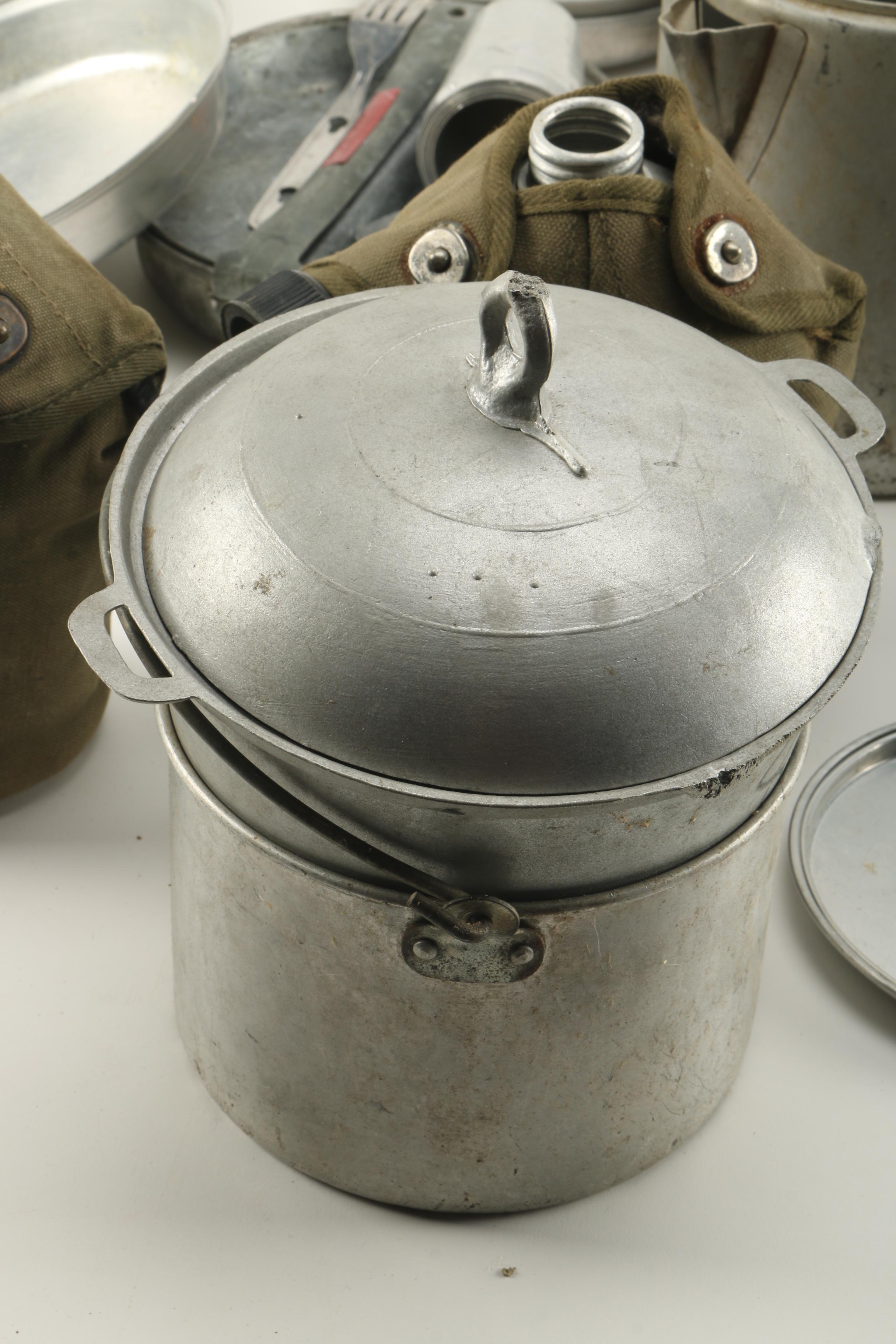 Vintage Military Cookware in Red Metal Crate