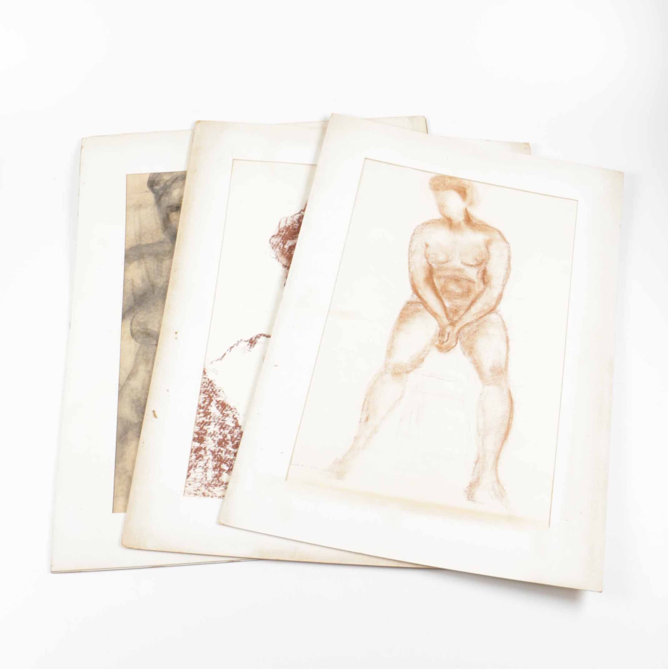 Pastel and Charcoal Drawings on Paper of Figure Studies