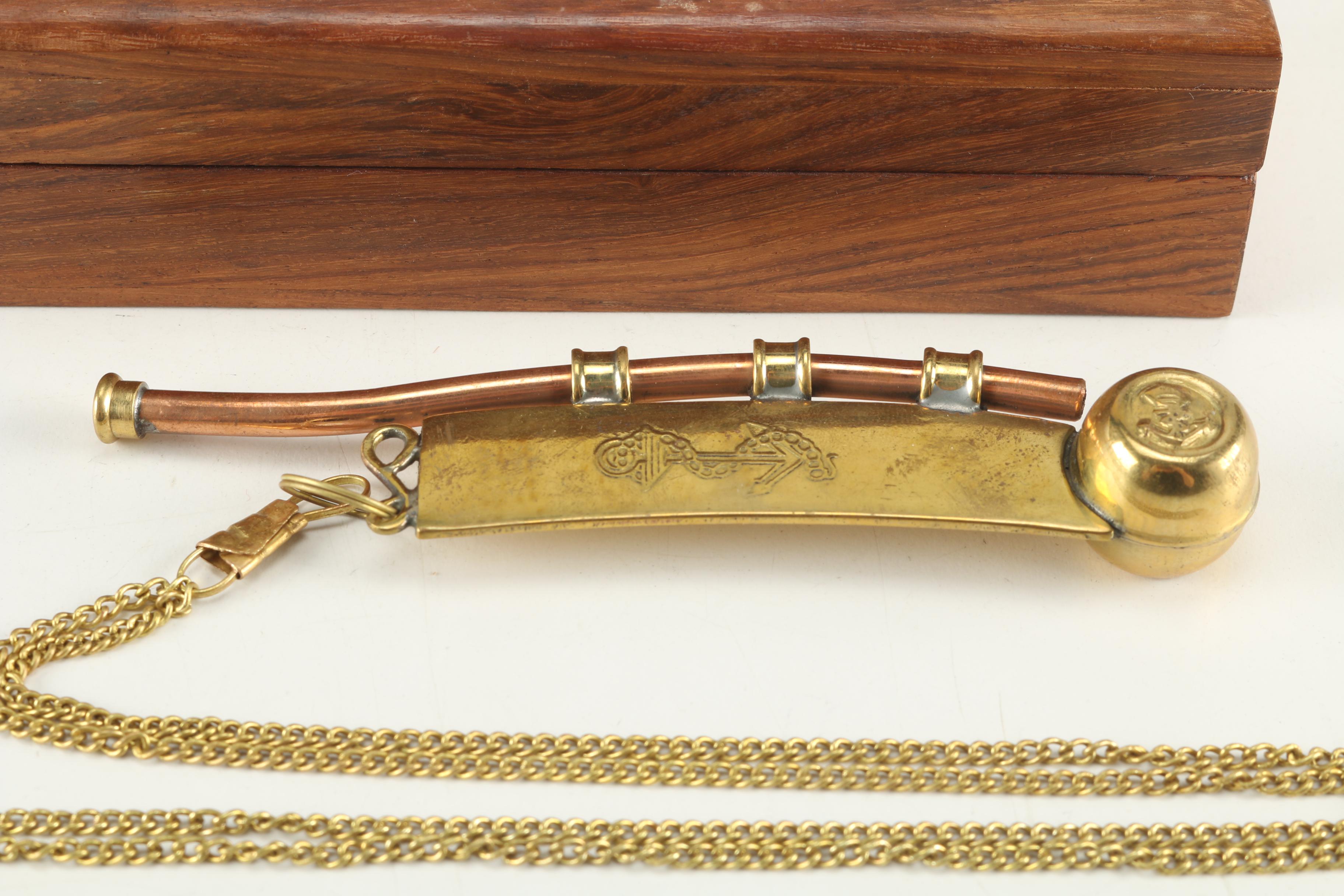 Brass Boatswain Whistle with Rosewood Box