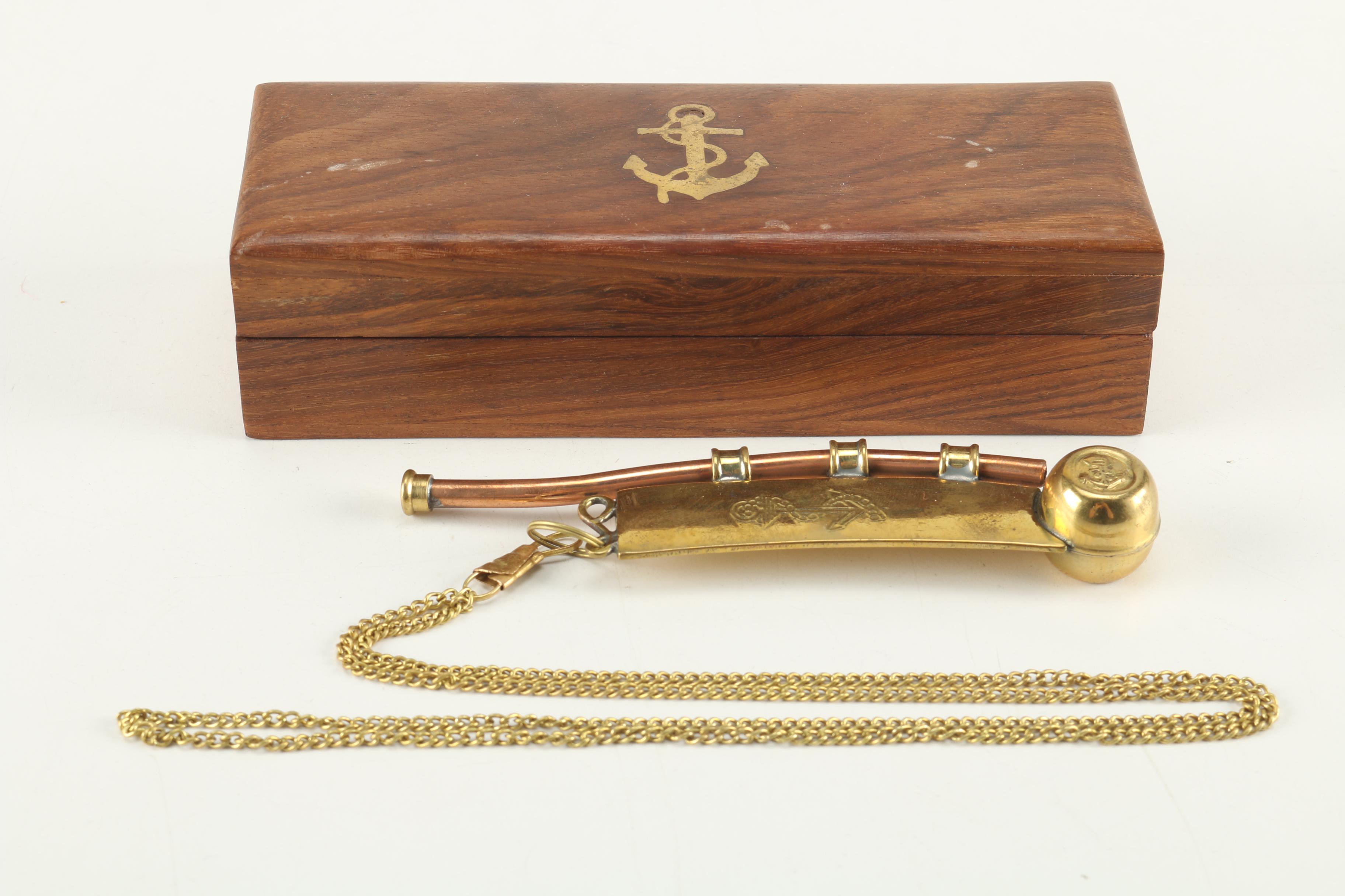 Brass Boatswain Whistle with Rosewood Box