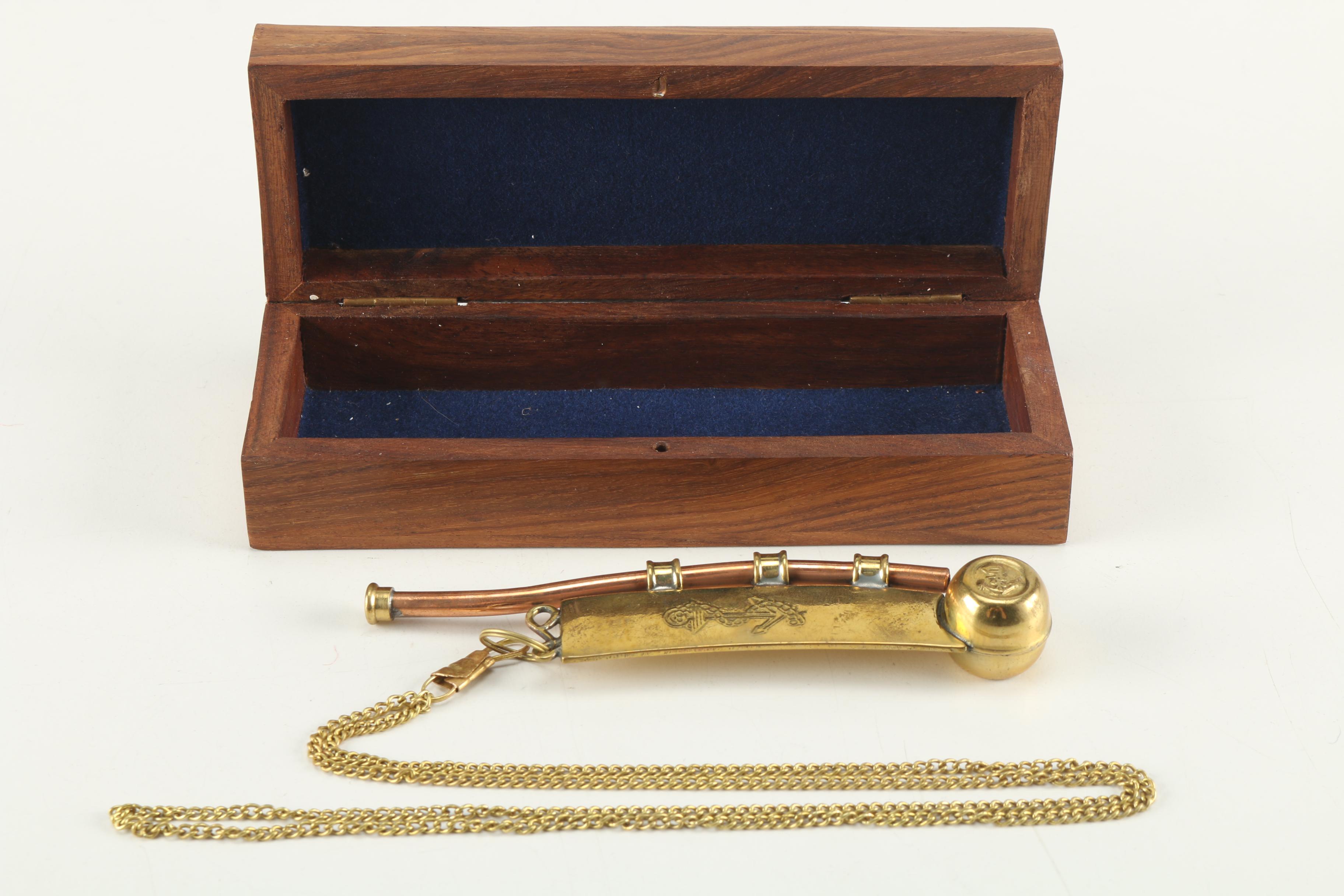 Brass Boatswain Whistle with Rosewood Box