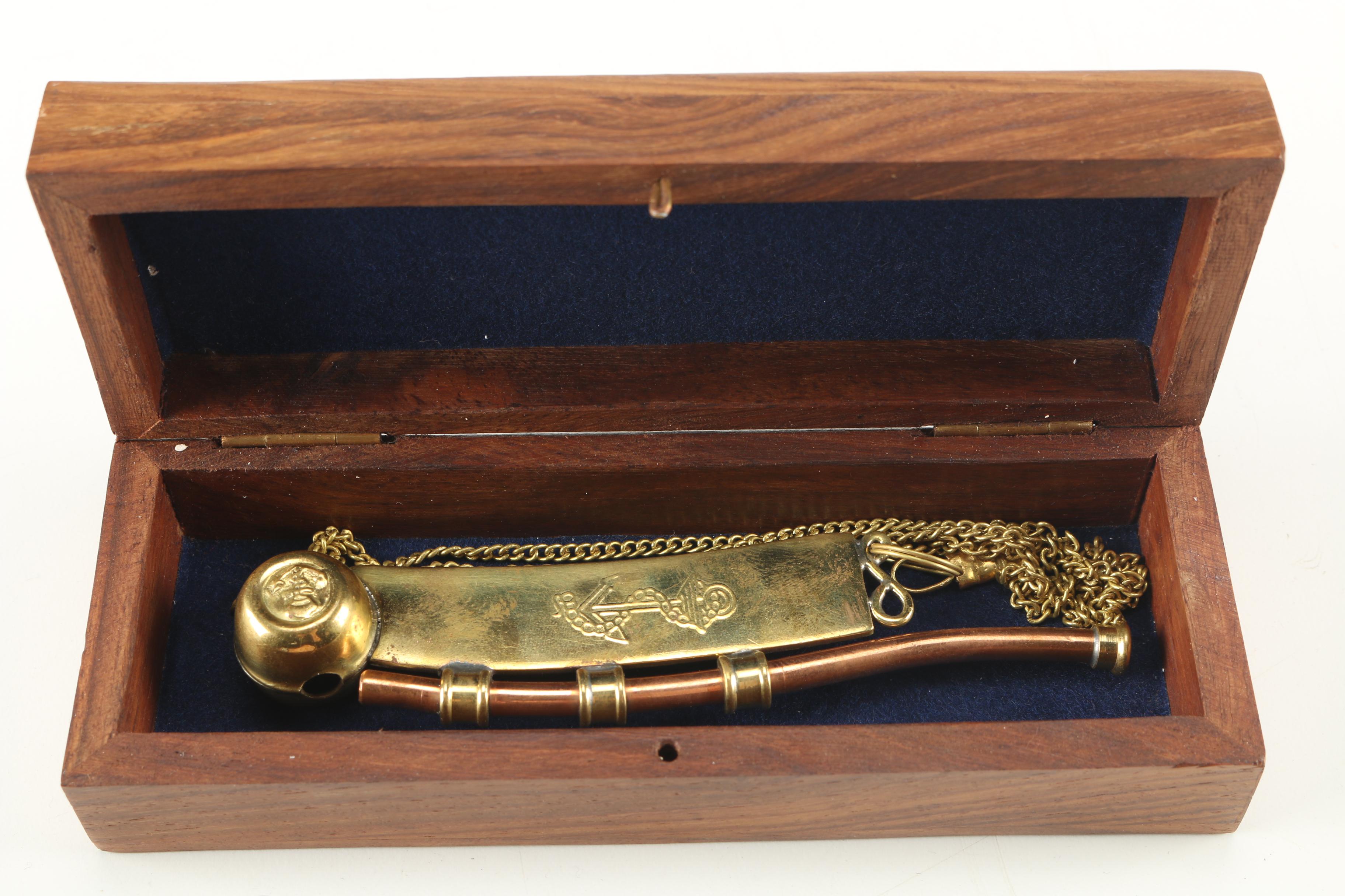 Brass Boatswain Whistle with Rosewood Box