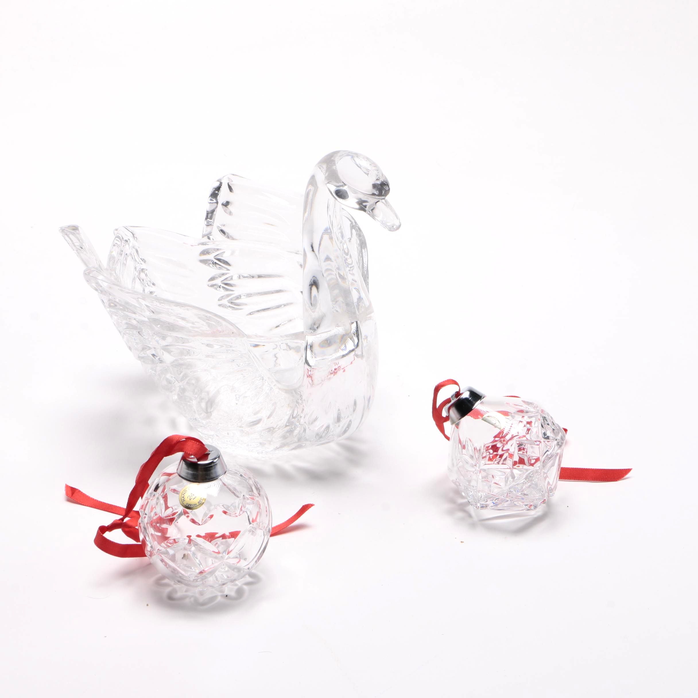 Colorless Crystal Swan Bowl and Czechoslovakian Ornaments