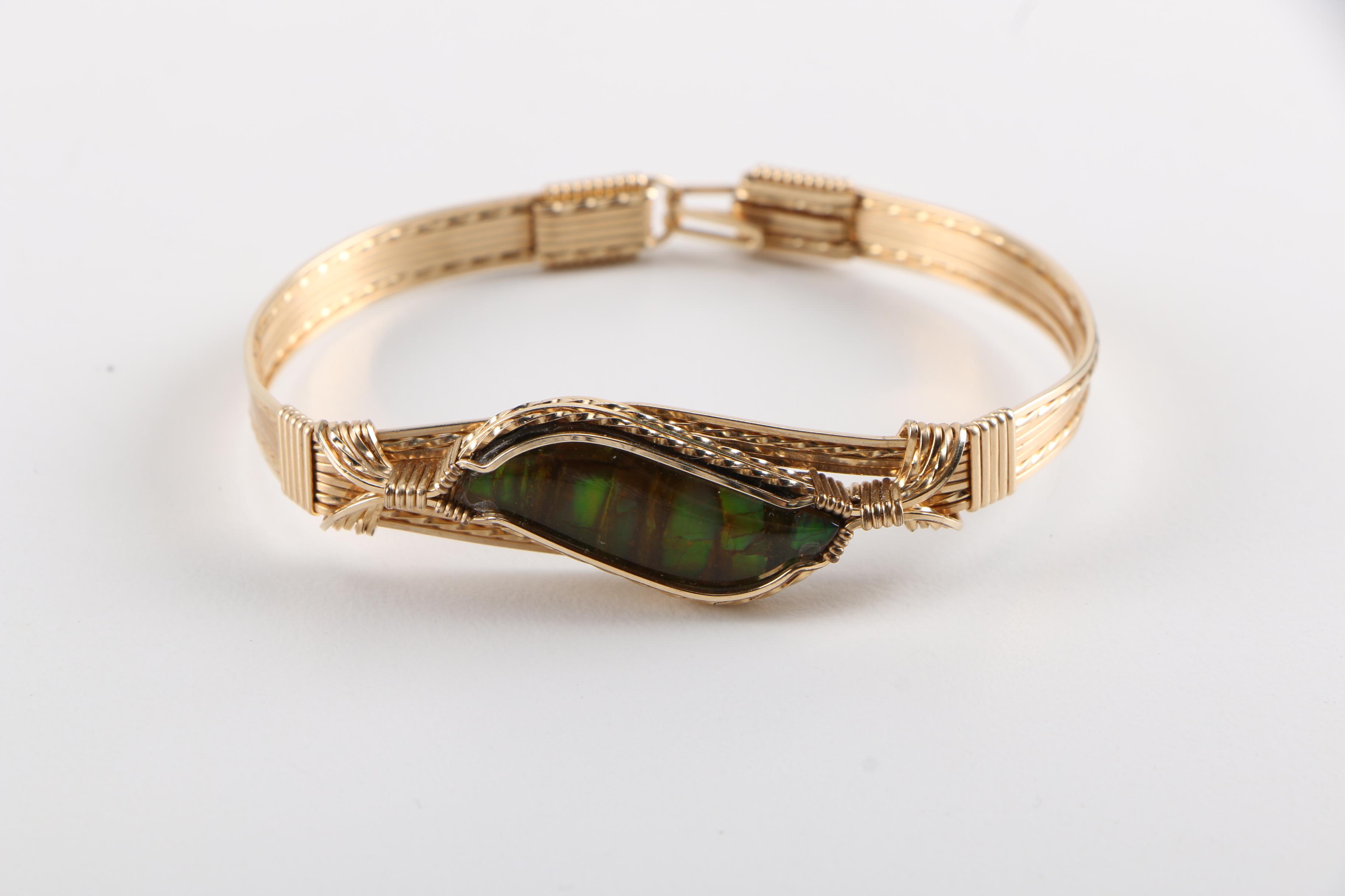 Beaded Necklace and Gold Tone Bracelet With Ammolite