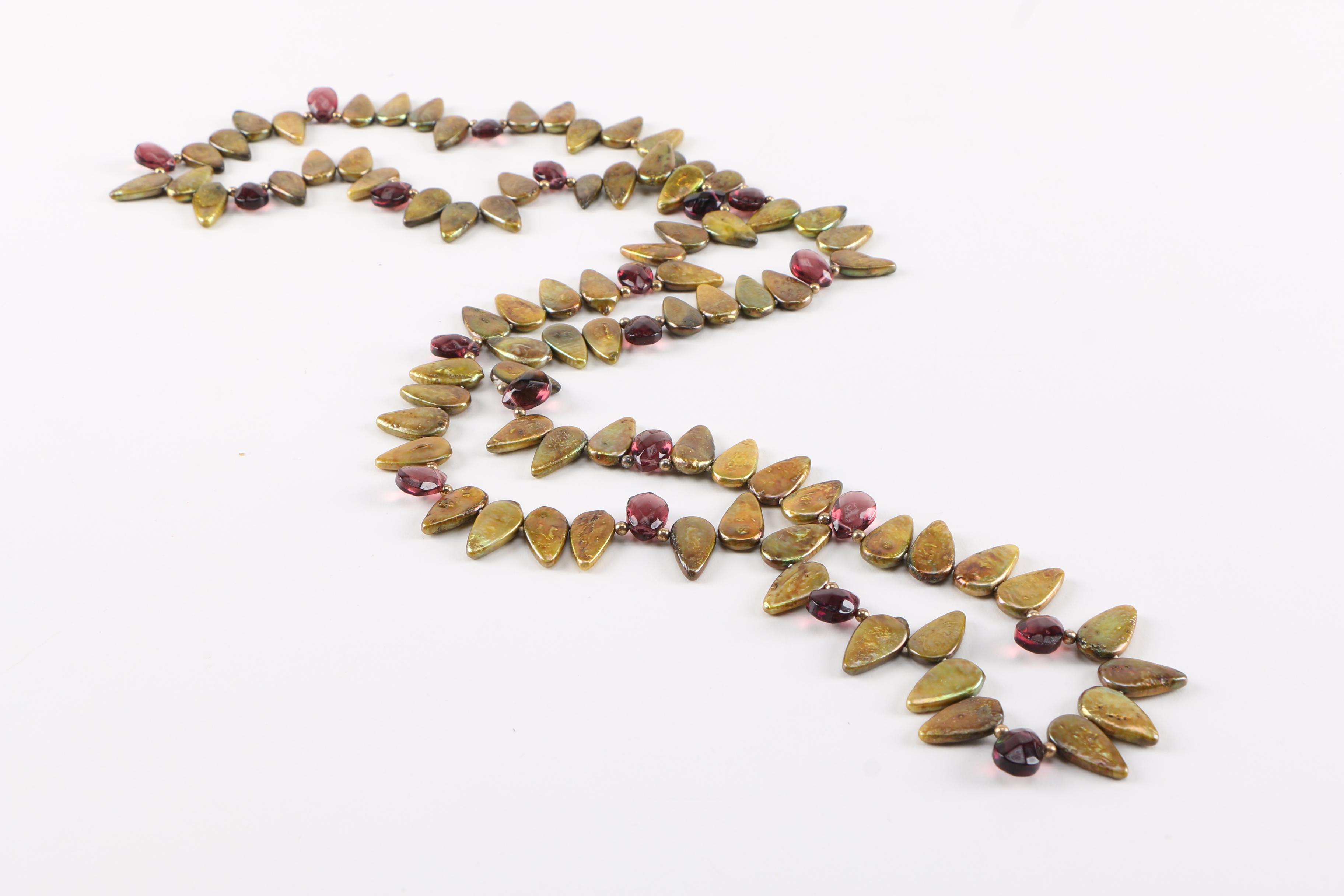 Beaded Necklace and Gold Tone Bracelet With Ammolite