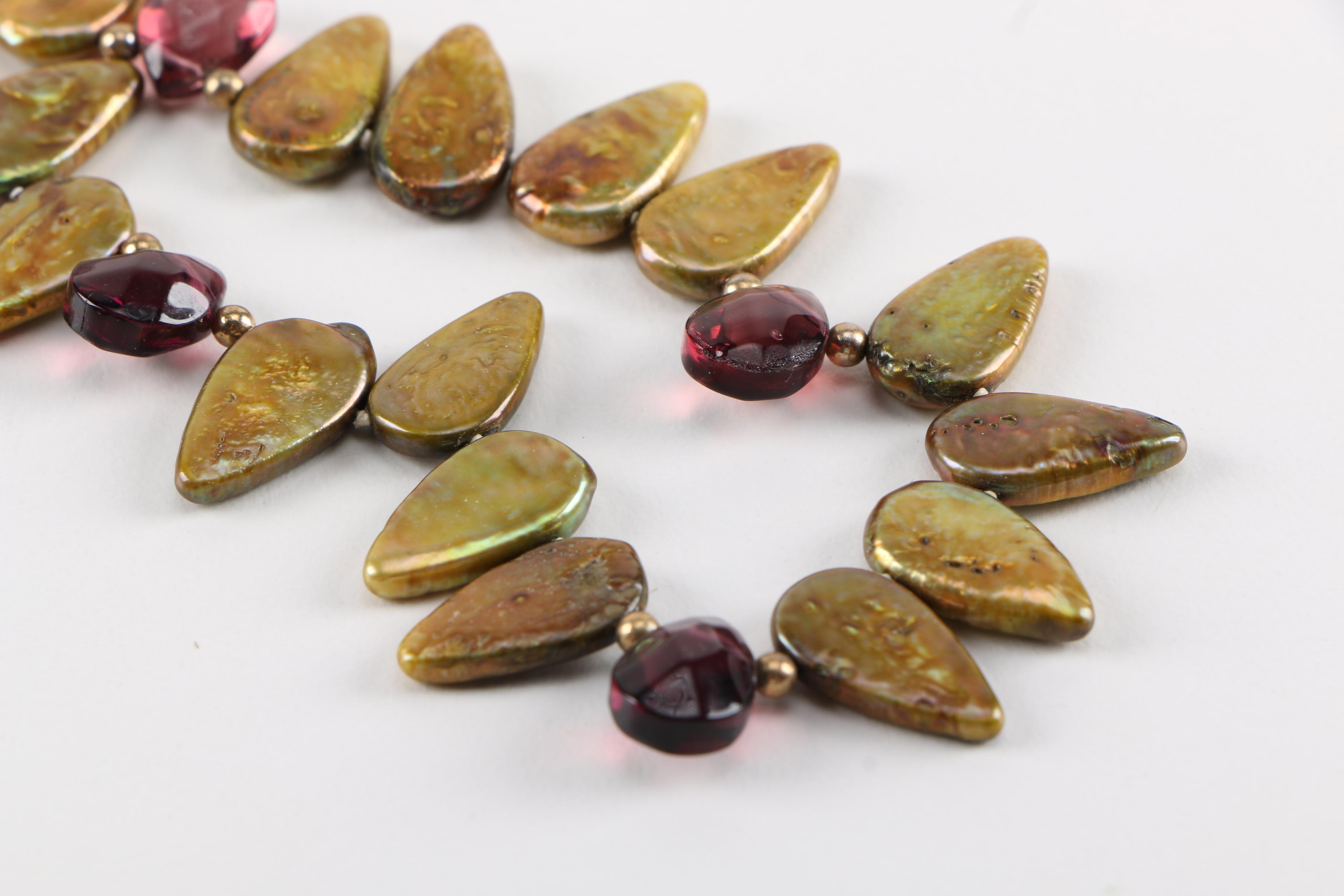 Beaded Necklace and Gold Tone Bracelet With Ammolite