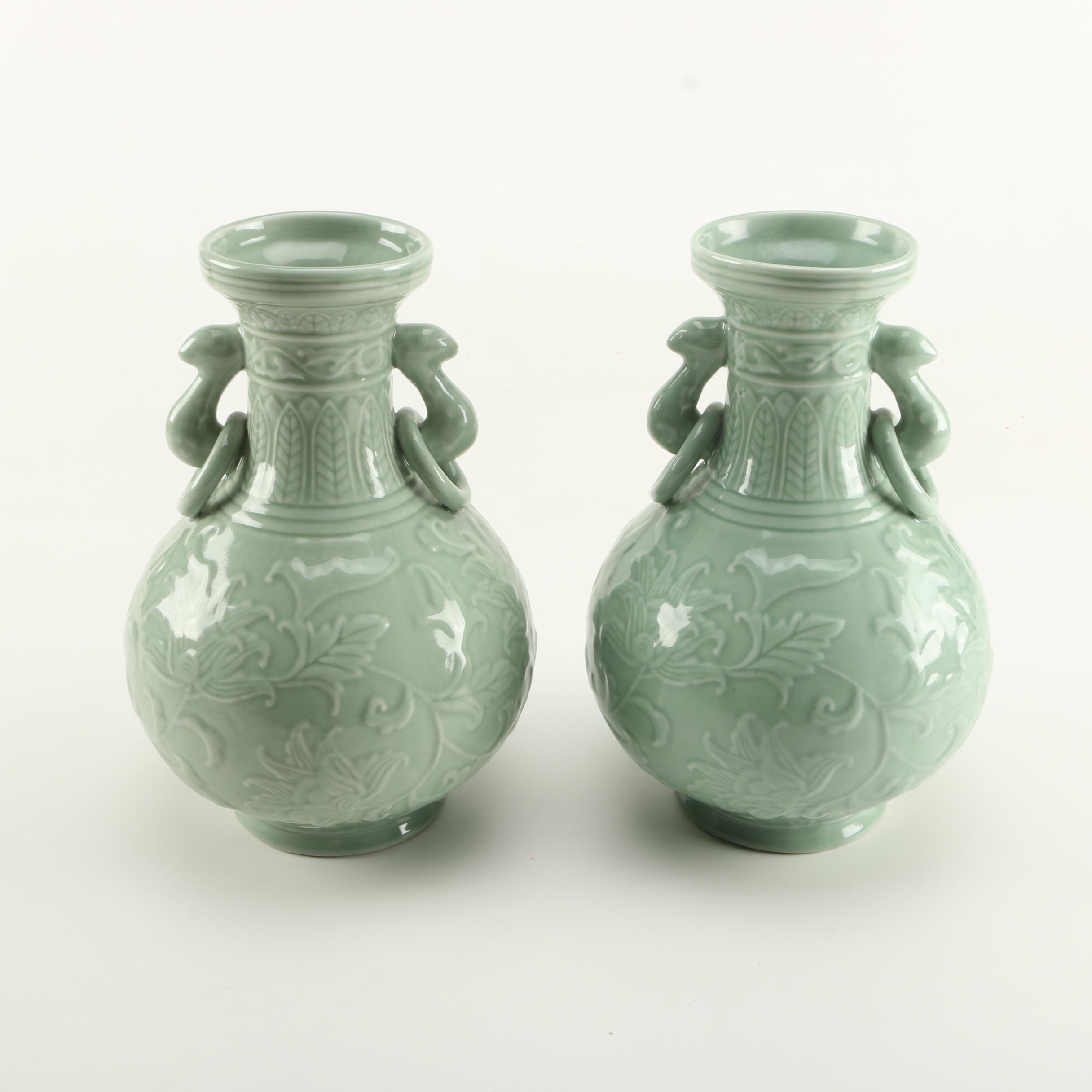 Two Celadon Green Ceramic Urns