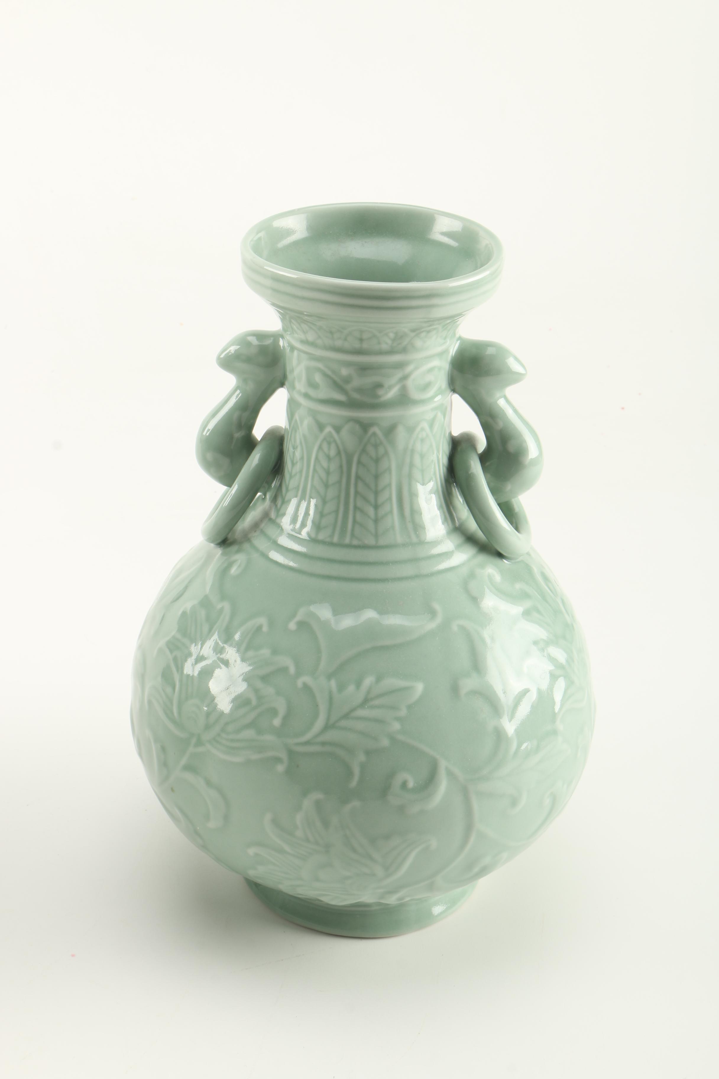 Two Celadon Green Ceramic Urns