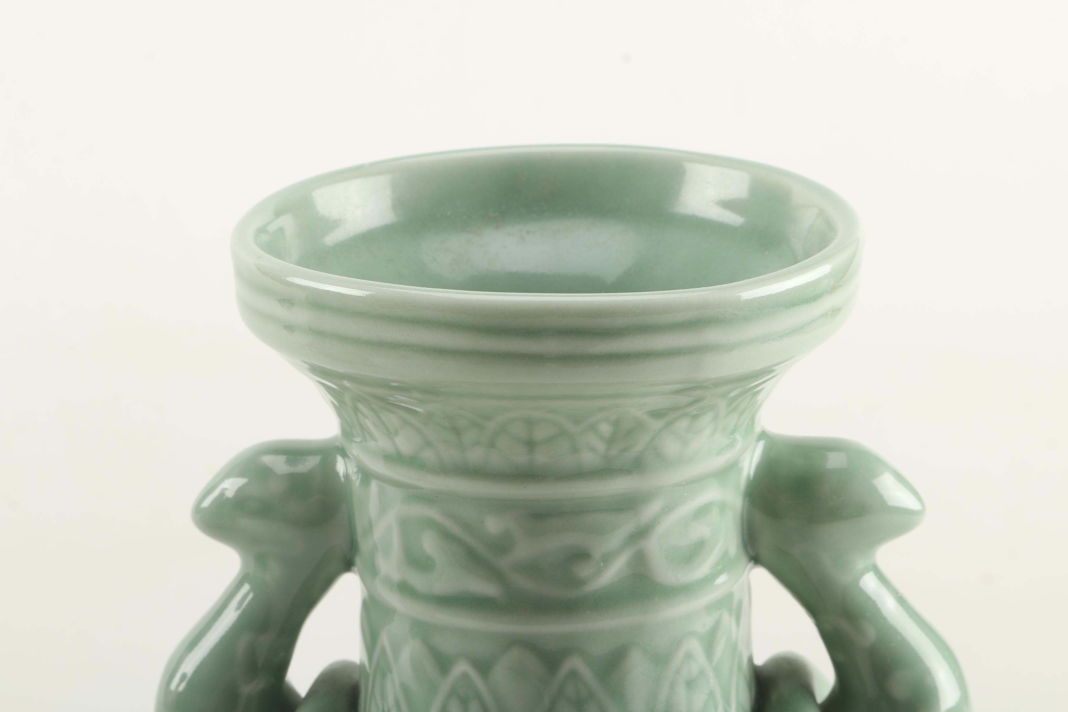 Two Celadon Green Ceramic Urns
