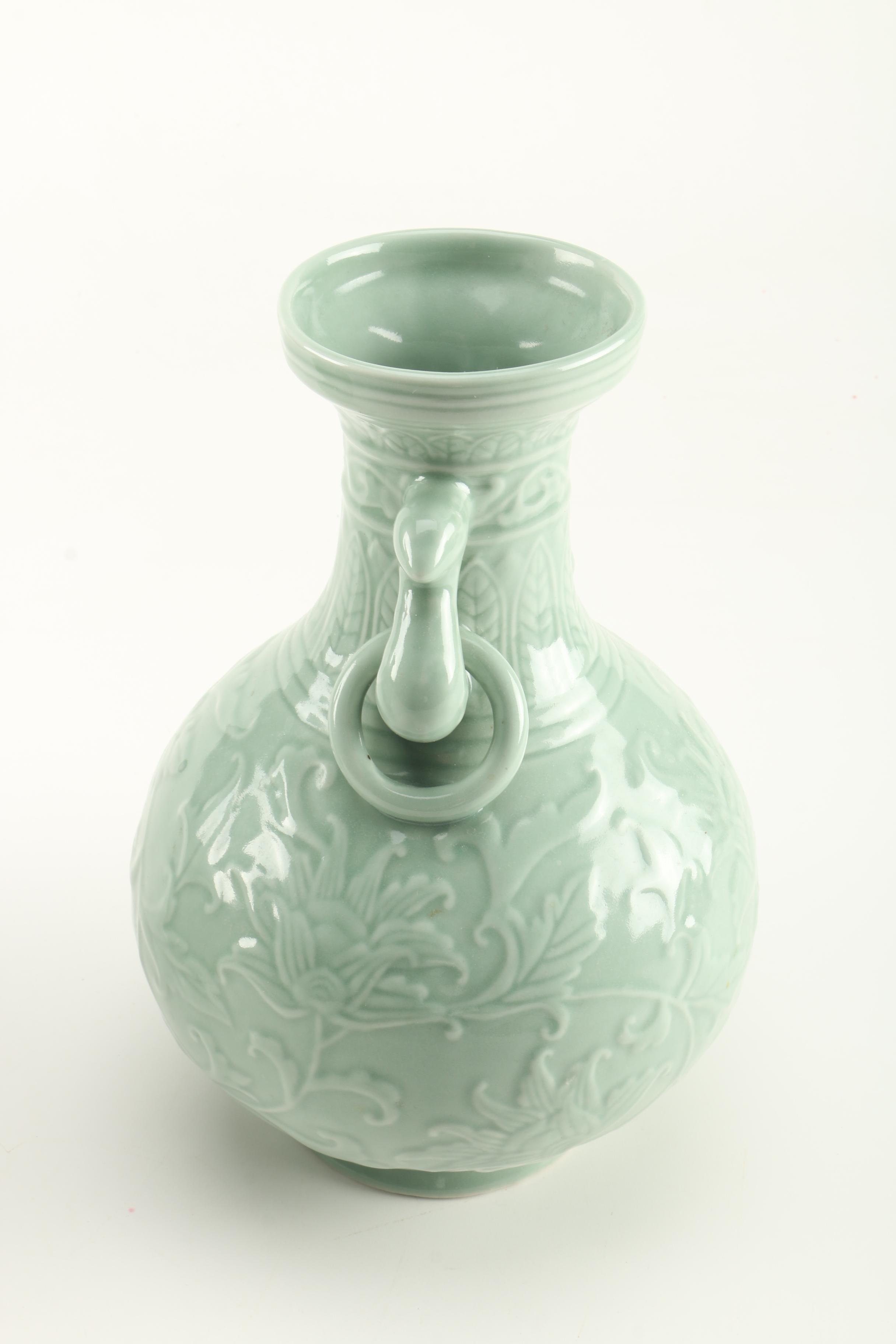 Two Celadon Green Ceramic Urns