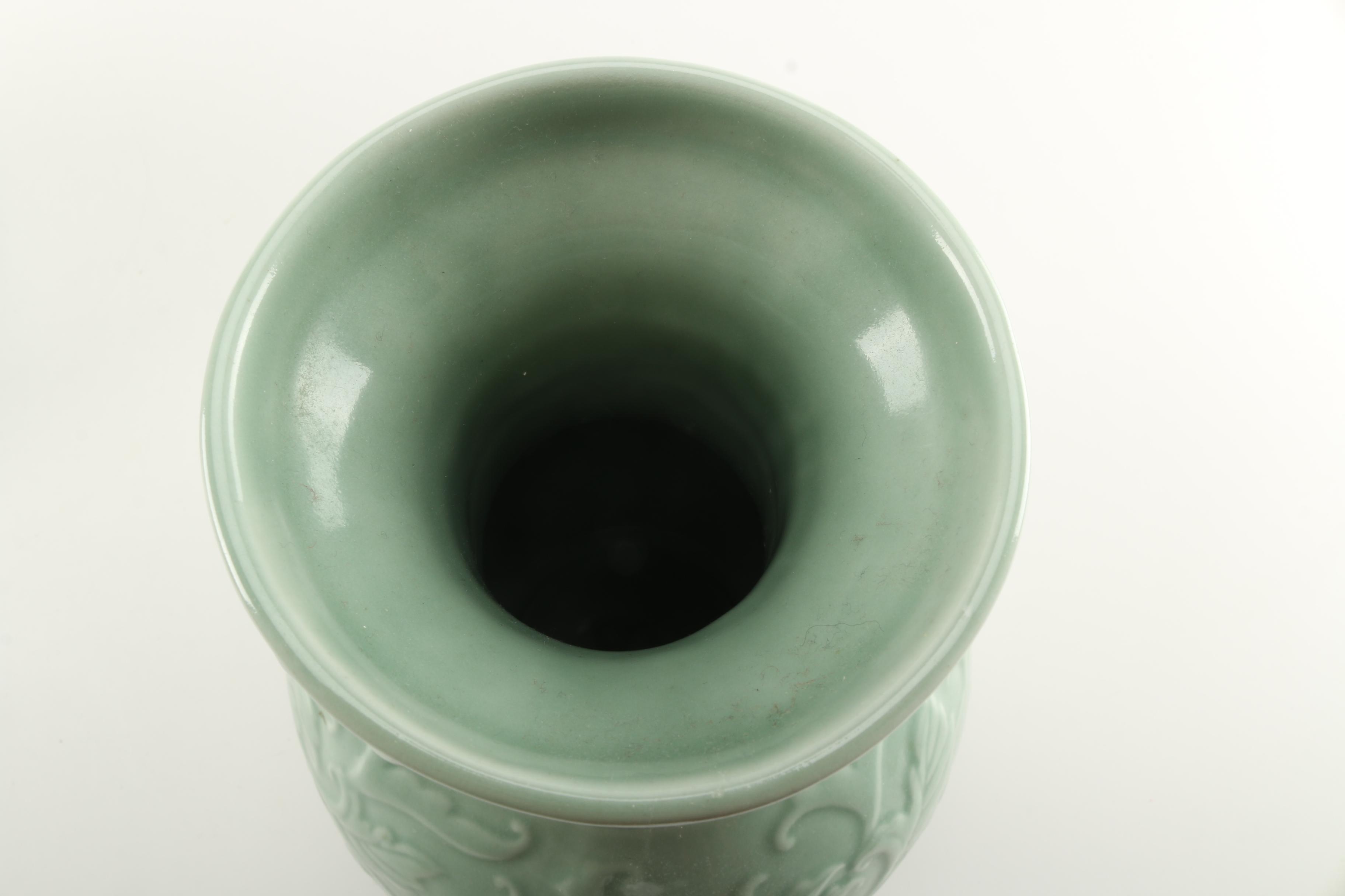 Two Celadon Green Ceramic Urns