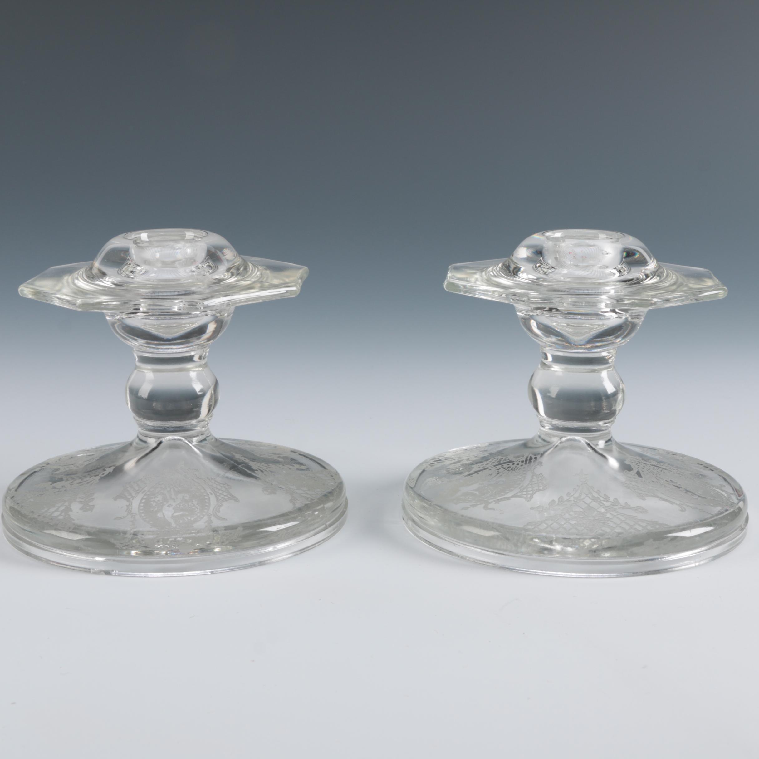 Antique Etched Glass Candlesticks with Angel Motifs