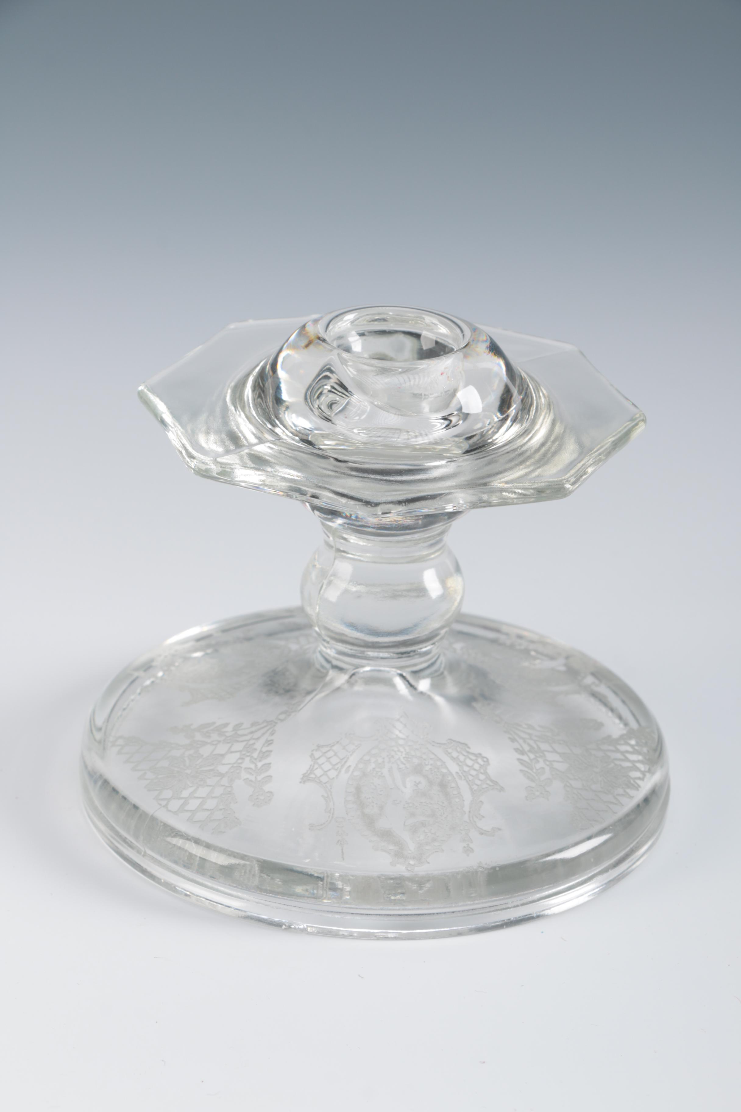 Antique Etched Glass Candlesticks with Angel Motifs