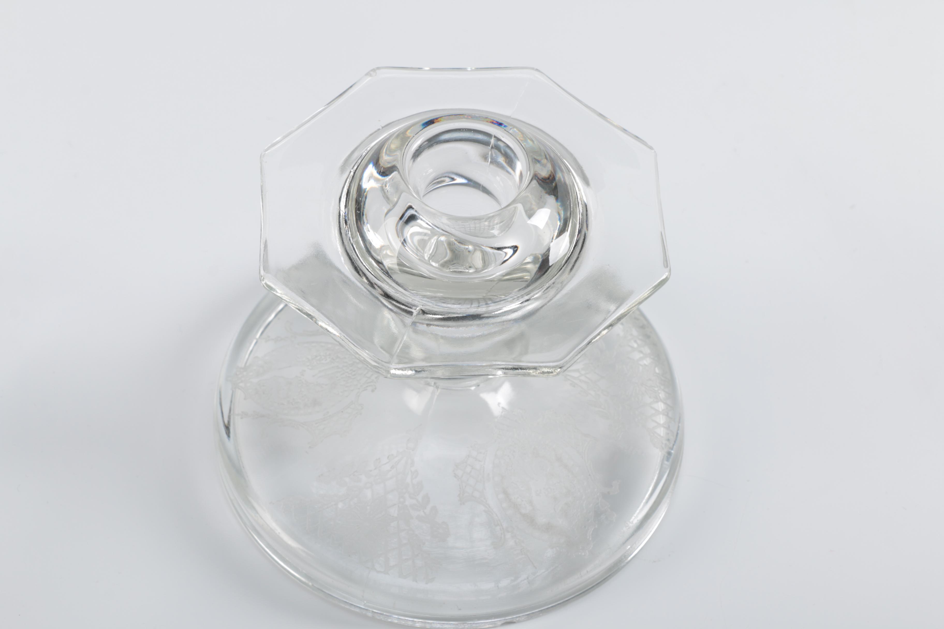 Antique Etched Glass Candlesticks with Angel Motifs