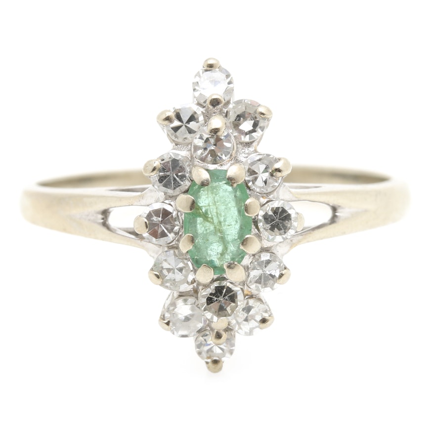 14K White Gold Emerald and Diamond Navette Ring