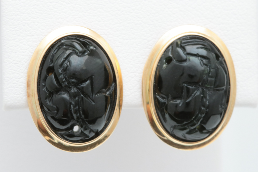 14K Gold and Carved Black Jade Earrings