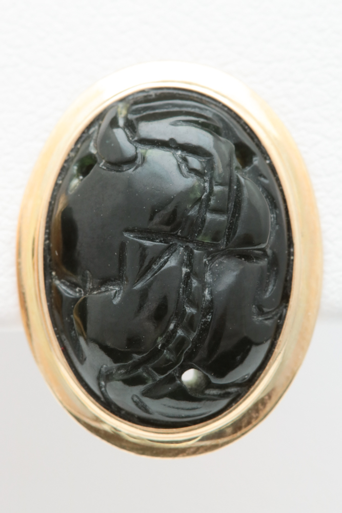 14K Gold and Carved Black Jade Earrings