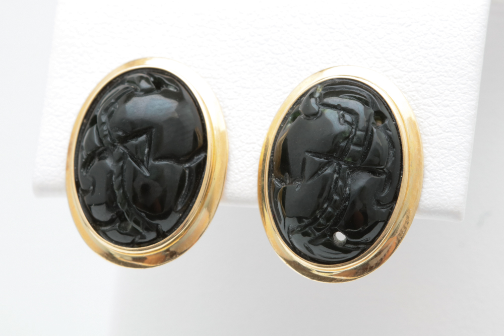 14K Gold and Carved Black Jade Earrings