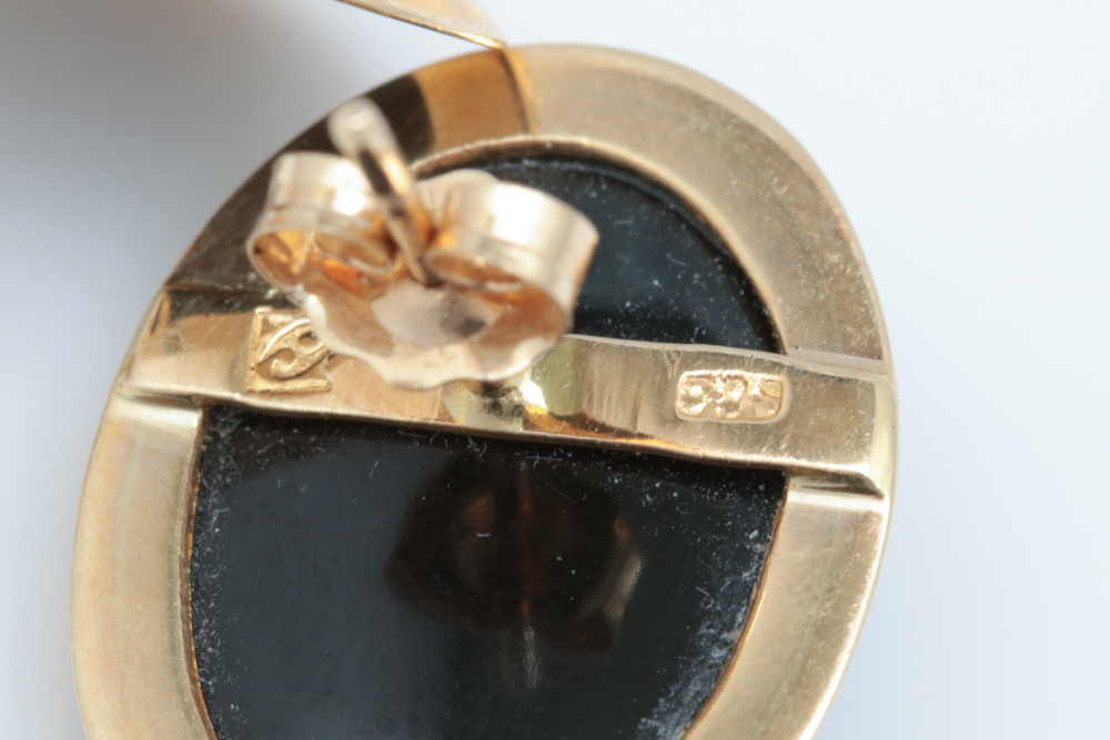 14K Gold and Carved Black Jade Earrings