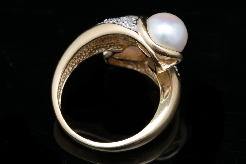 14K Two-Toned Gold, Pearl and Diamond Ring