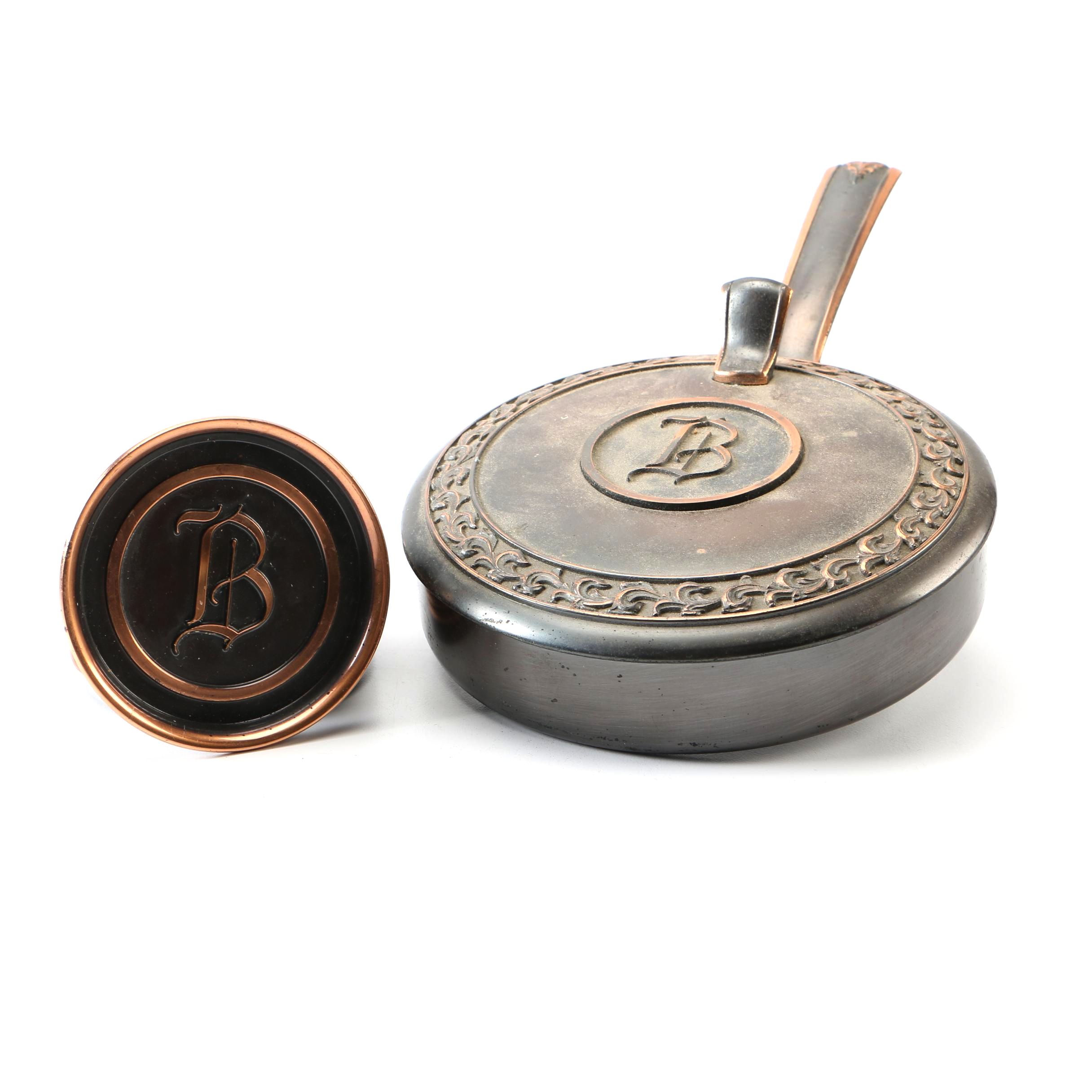 Monogrammed Gray Metal Lidded Pan and Coasters