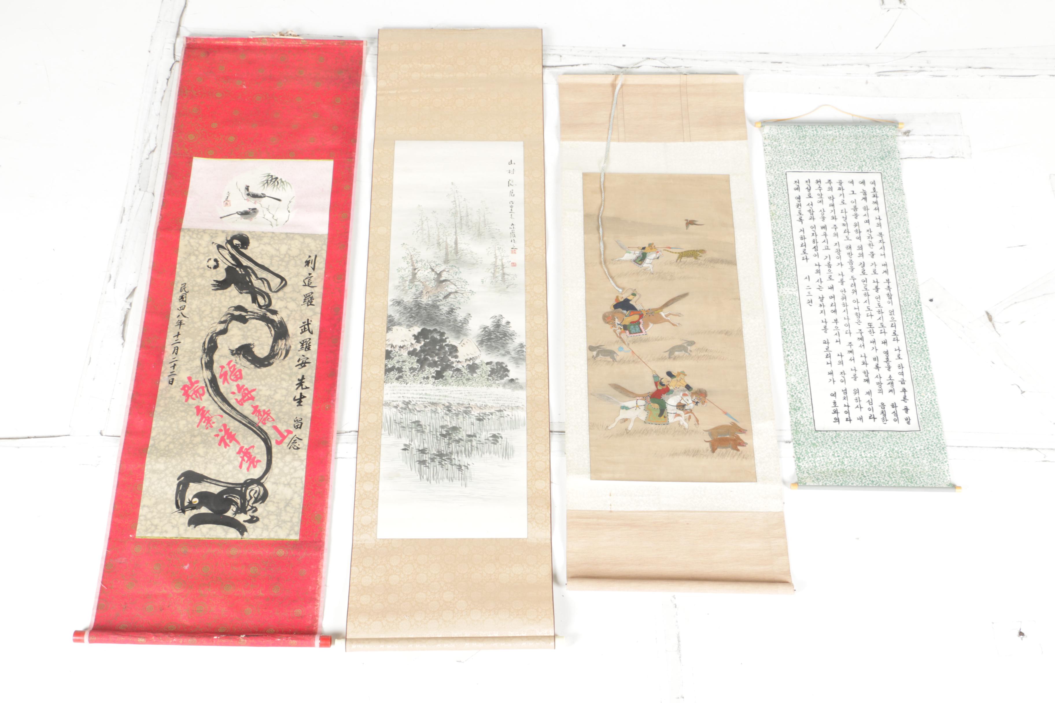 East Asian Gouache and Ink Hanging Scrolls