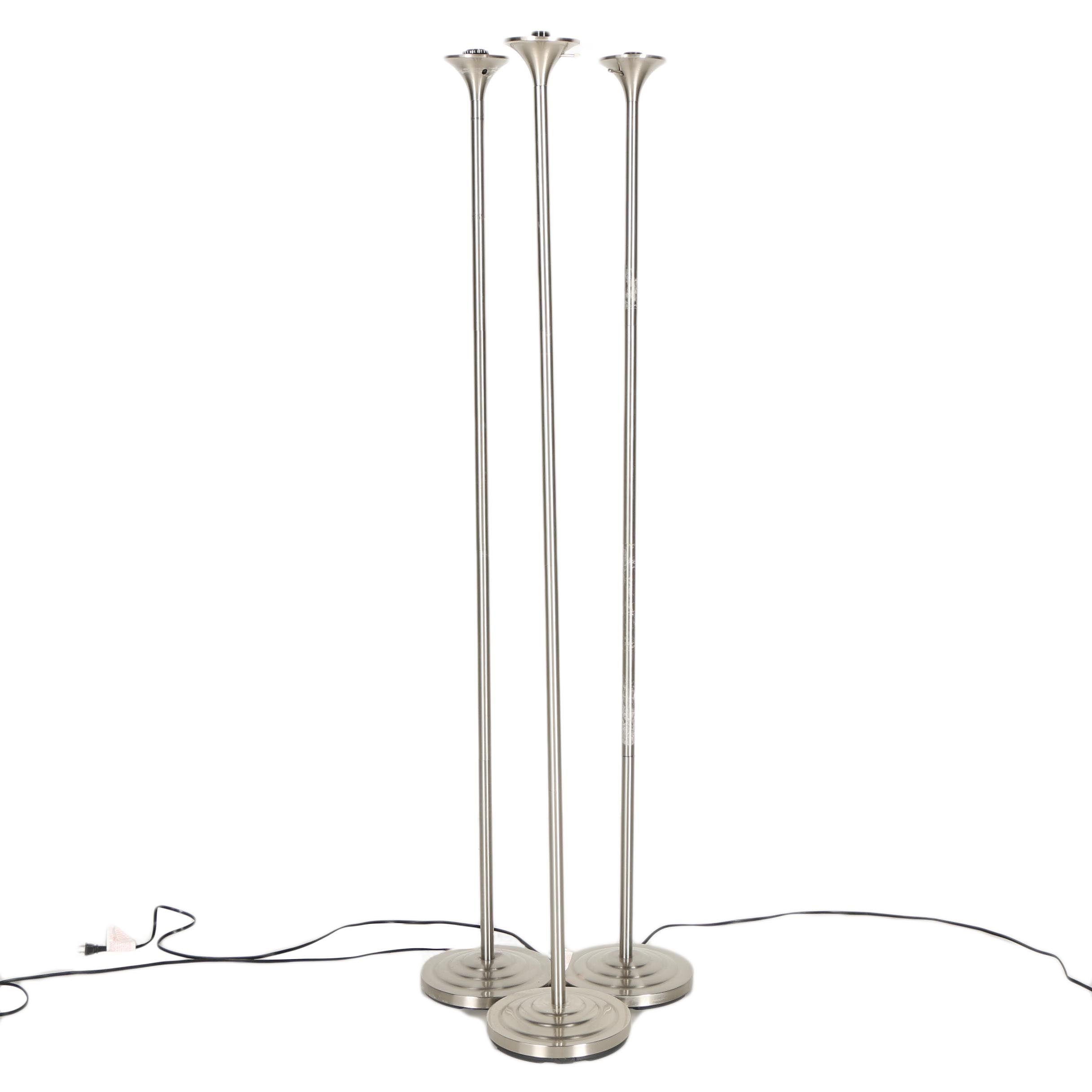 Three Stainless Steel Floor Torchiere Lamps