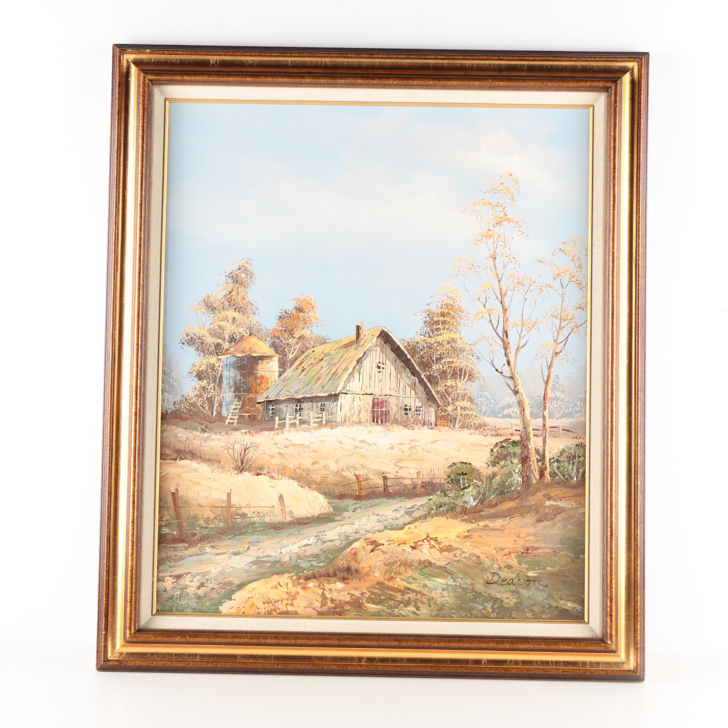 Deacon Acrylic Painting on Canvas Barn and Silo