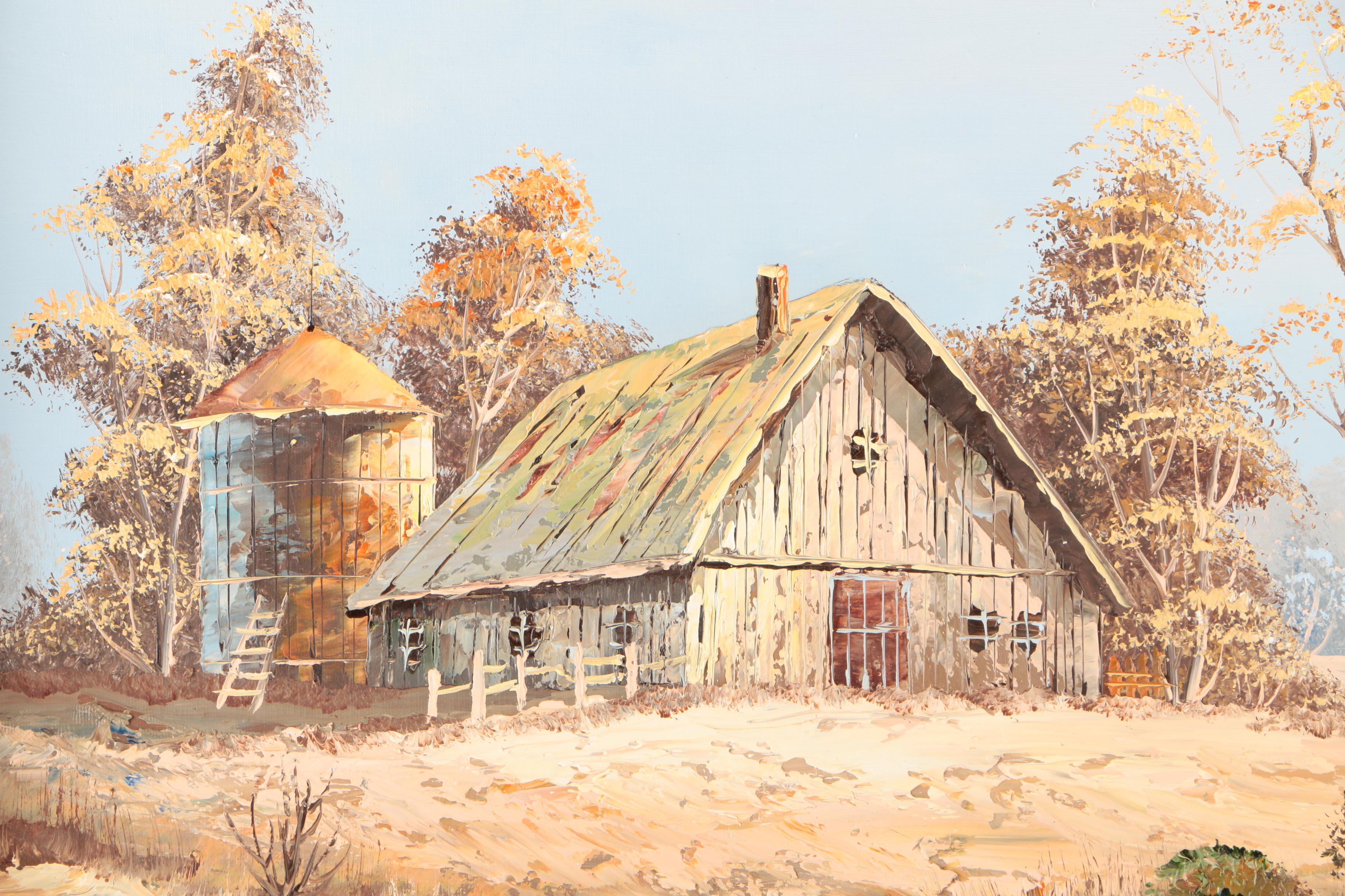 Deacon Acrylic Painting on Canvas Barn and Silo