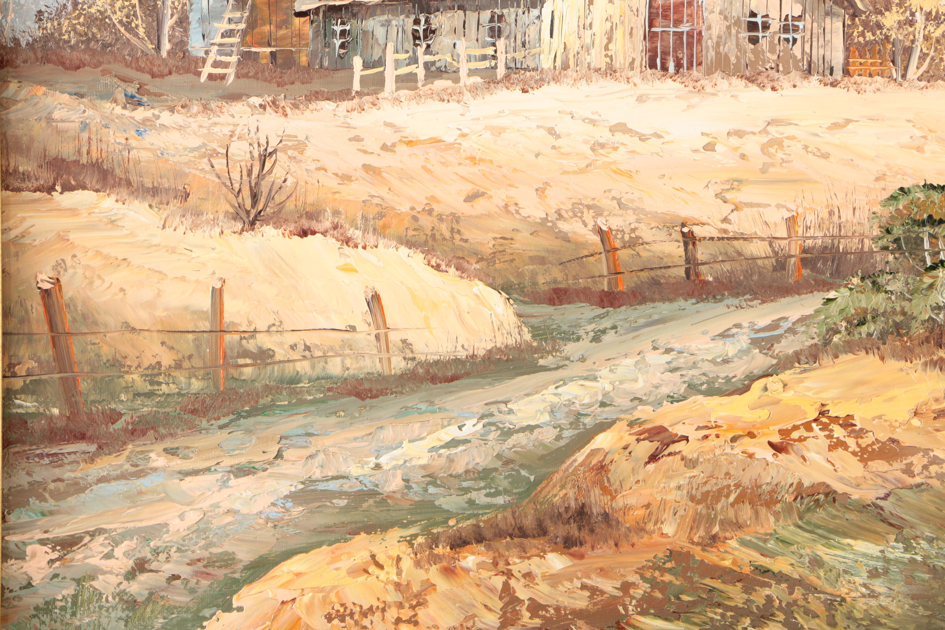 Deacon Acrylic Painting on Canvas Barn and Silo