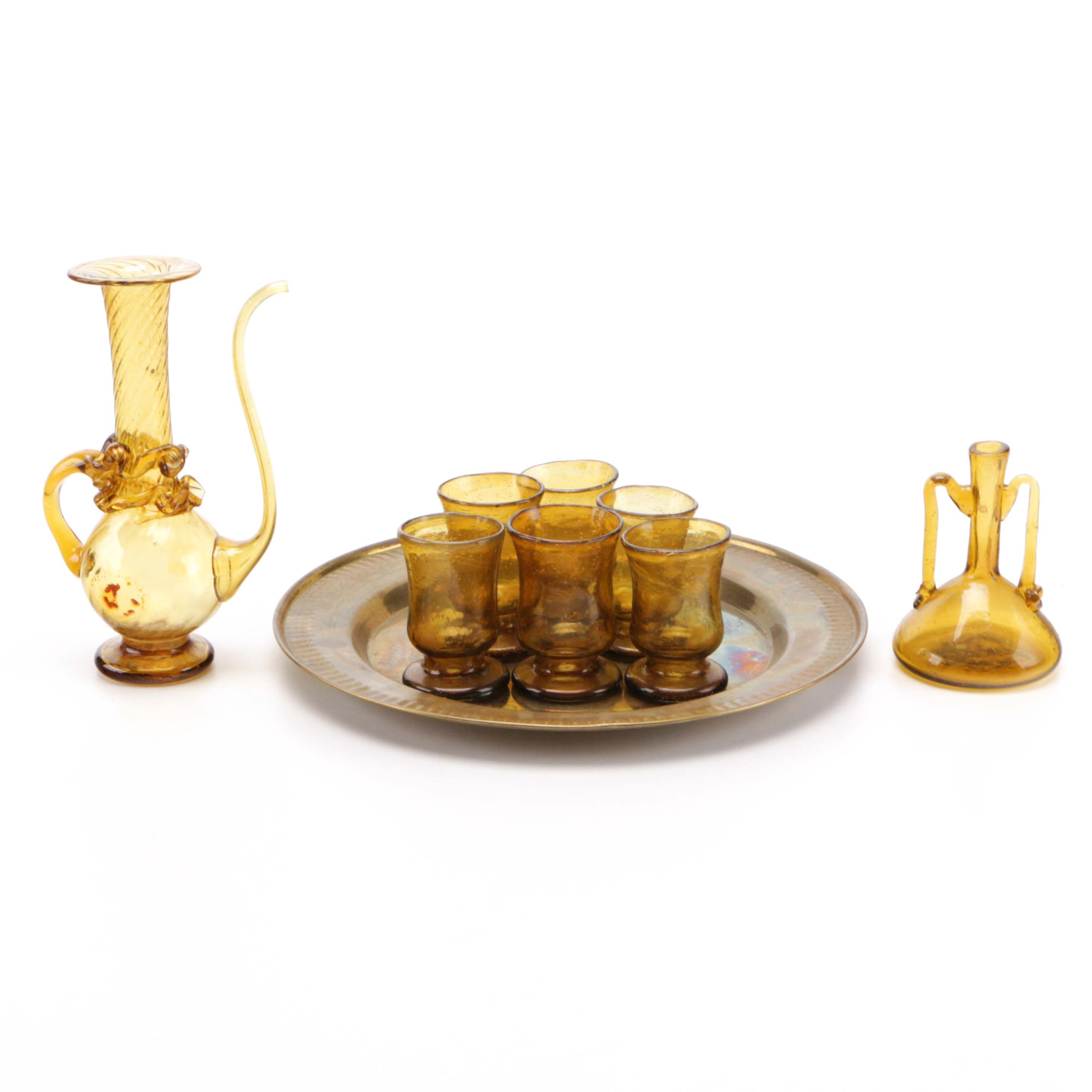 Indo-Persian Style Amber Glasses and Pitcher Set With Gold Tone Platter