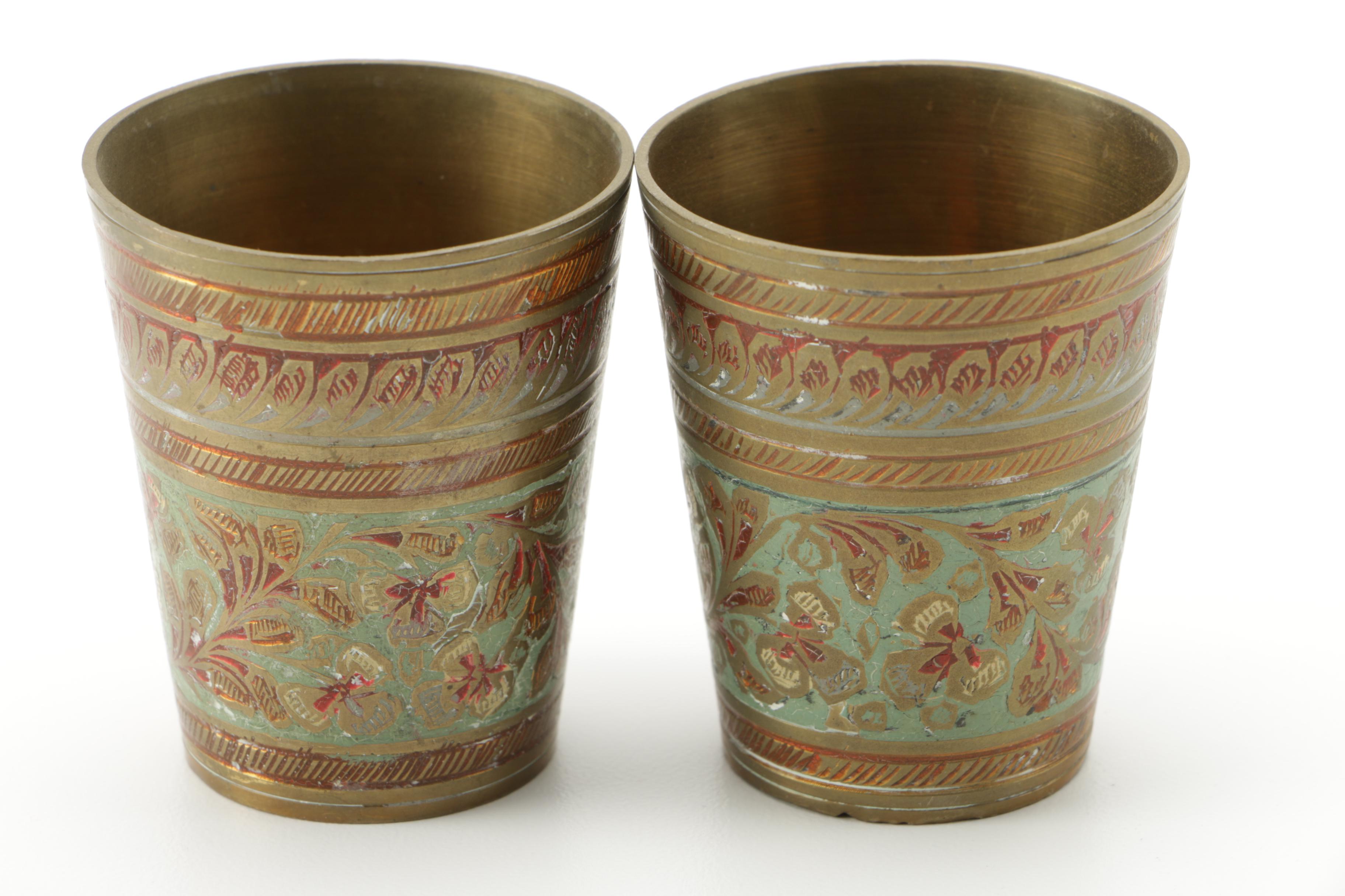 Ornate Brass Cups with Vintage Base Metal Pill Boxes