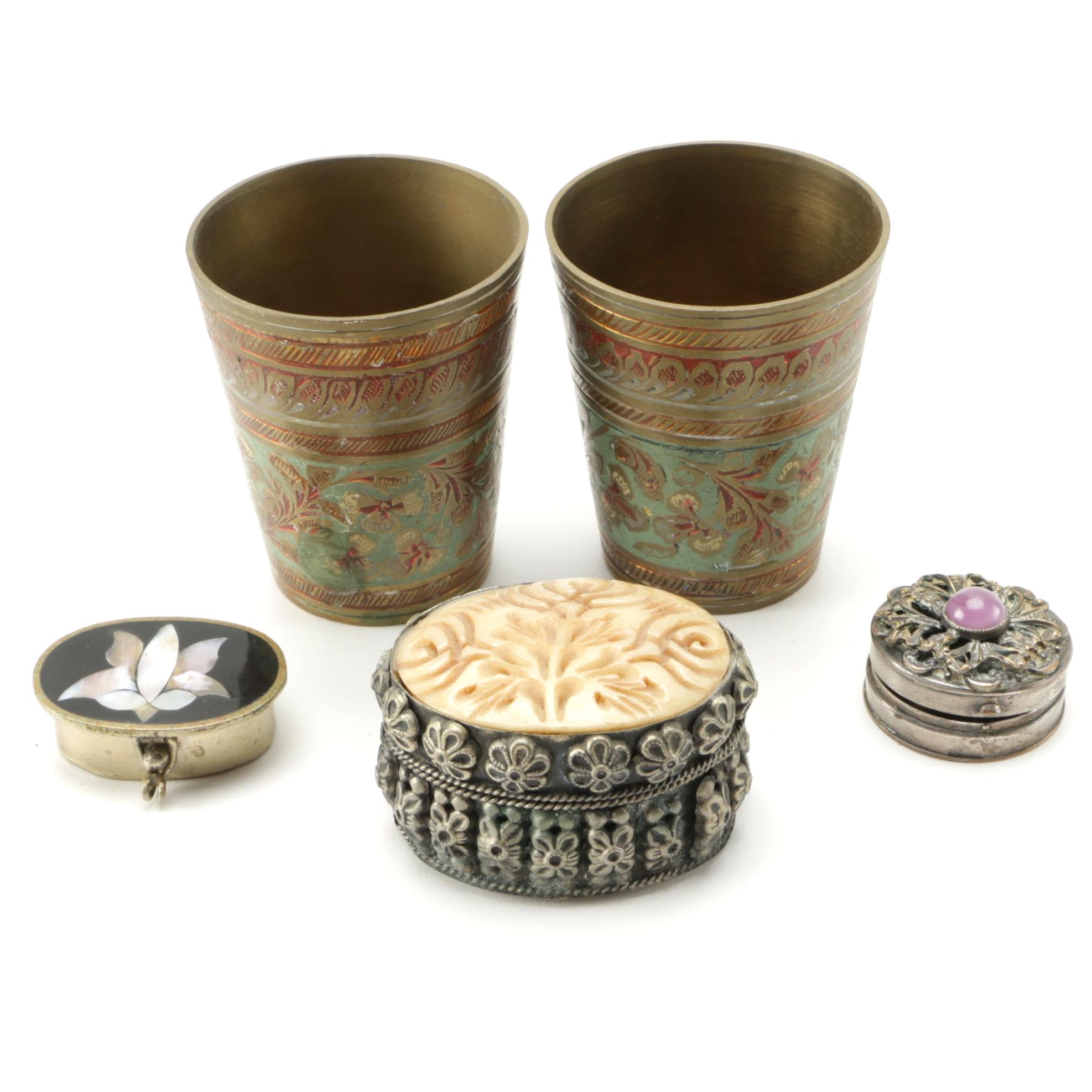 Ornate Brass Cups with Vintage Base Metal Pill Boxes