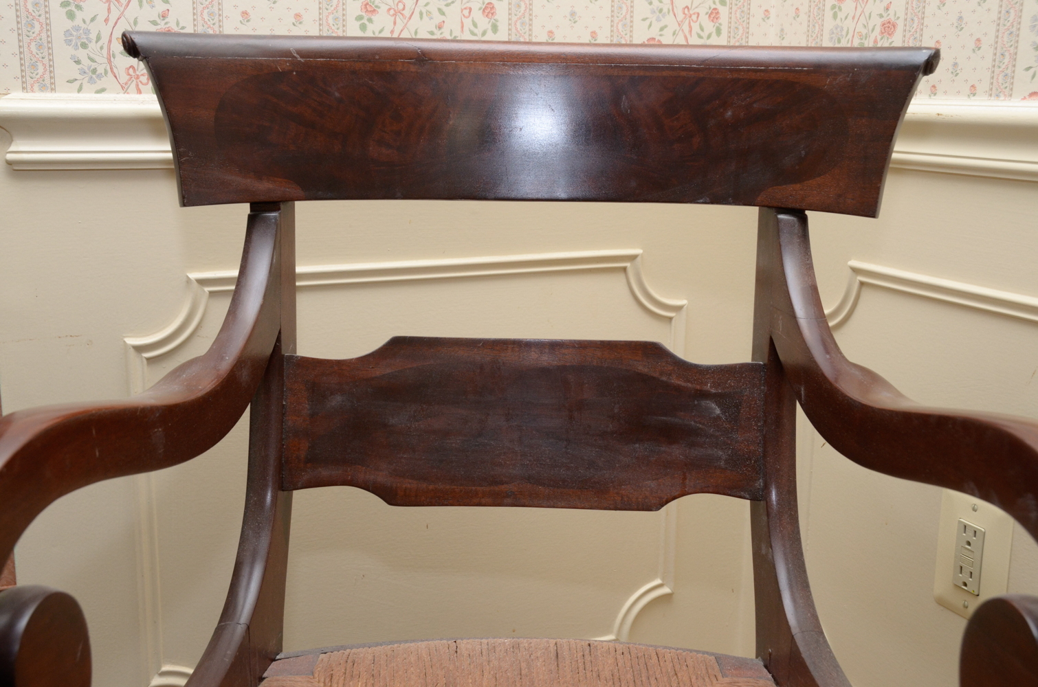 Empire Style Mahogany Rush Seat Armchair