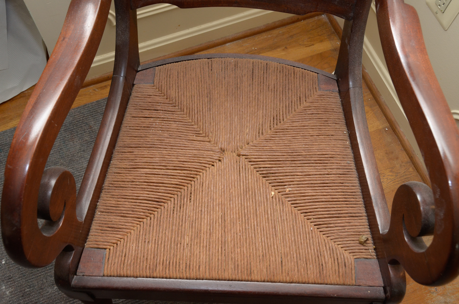 Empire Style Mahogany Rush Seat Armchair