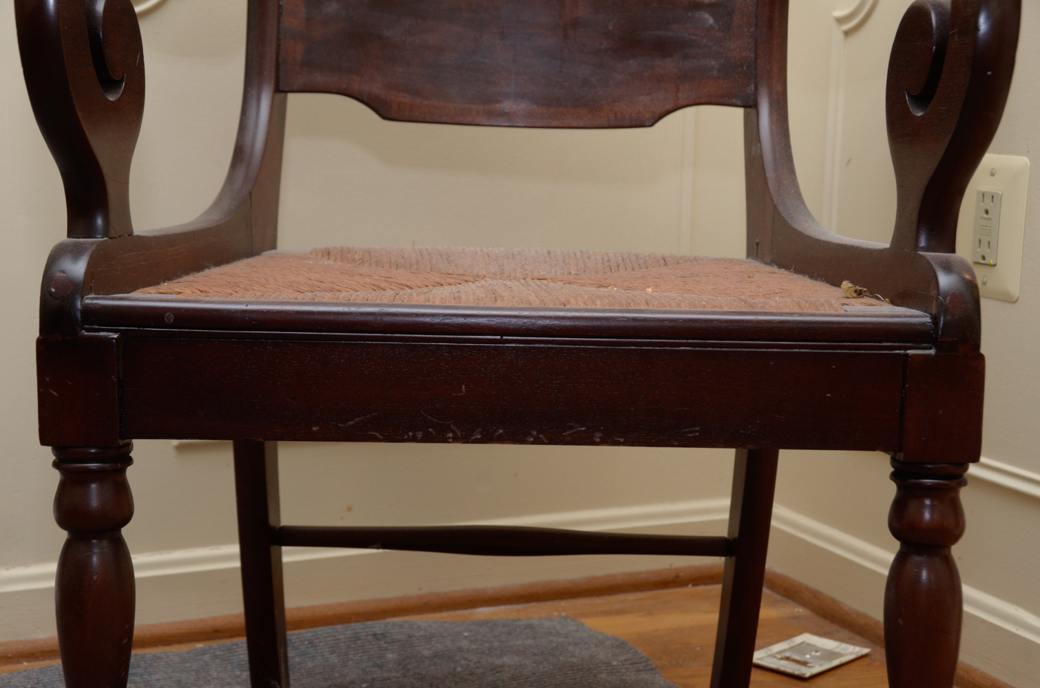 Empire Style Mahogany Rush Seat Armchair