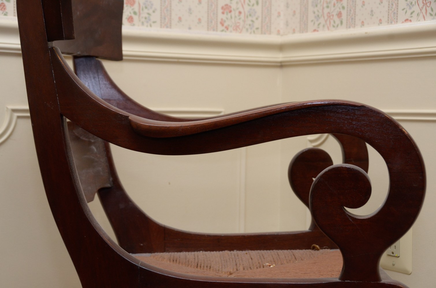 Empire Style Mahogany Rush Seat Armchair