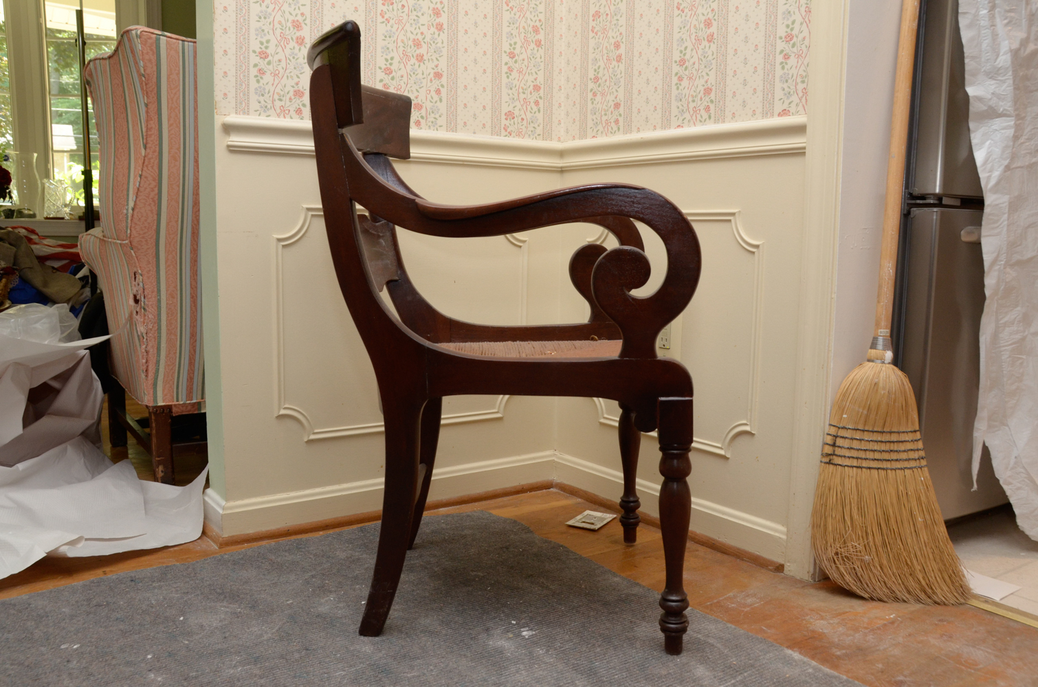 Empire Style Mahogany Rush Seat Armchair