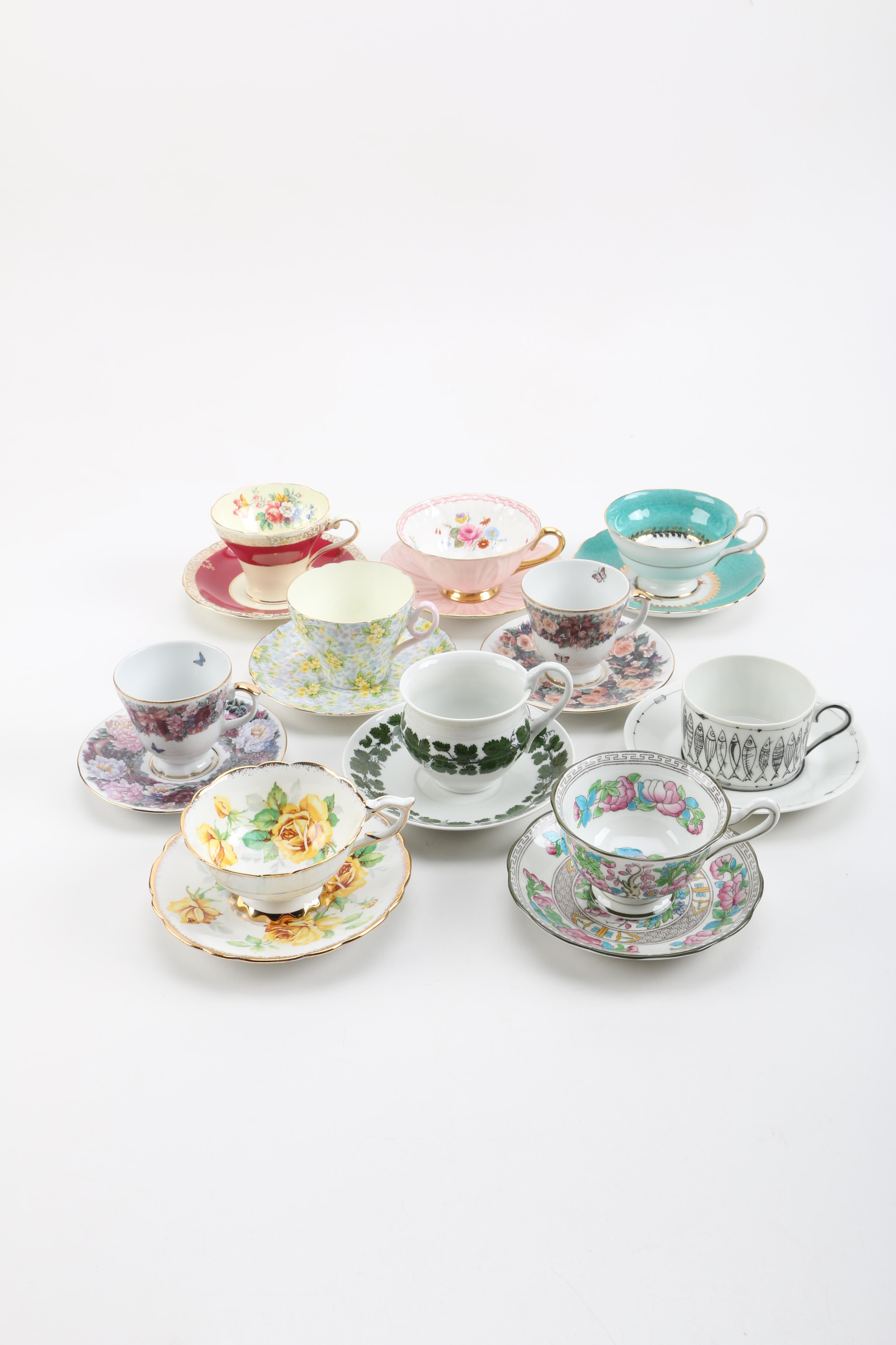 Porcelain Teacups with Saucers Featuring Meissen "Green Ivy Leaf"