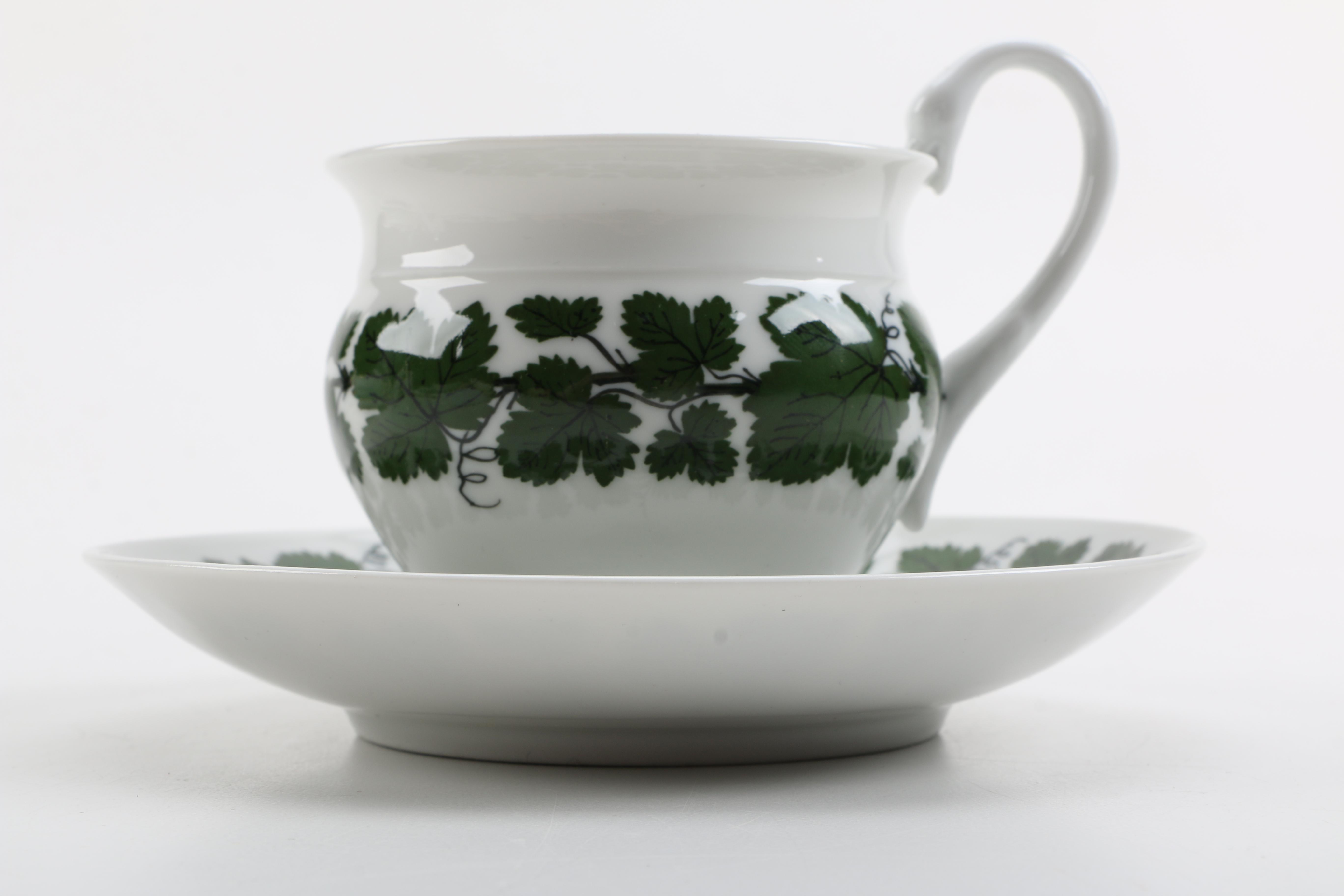 Porcelain Teacups with Saucers Featuring Meissen "Green Ivy Leaf"