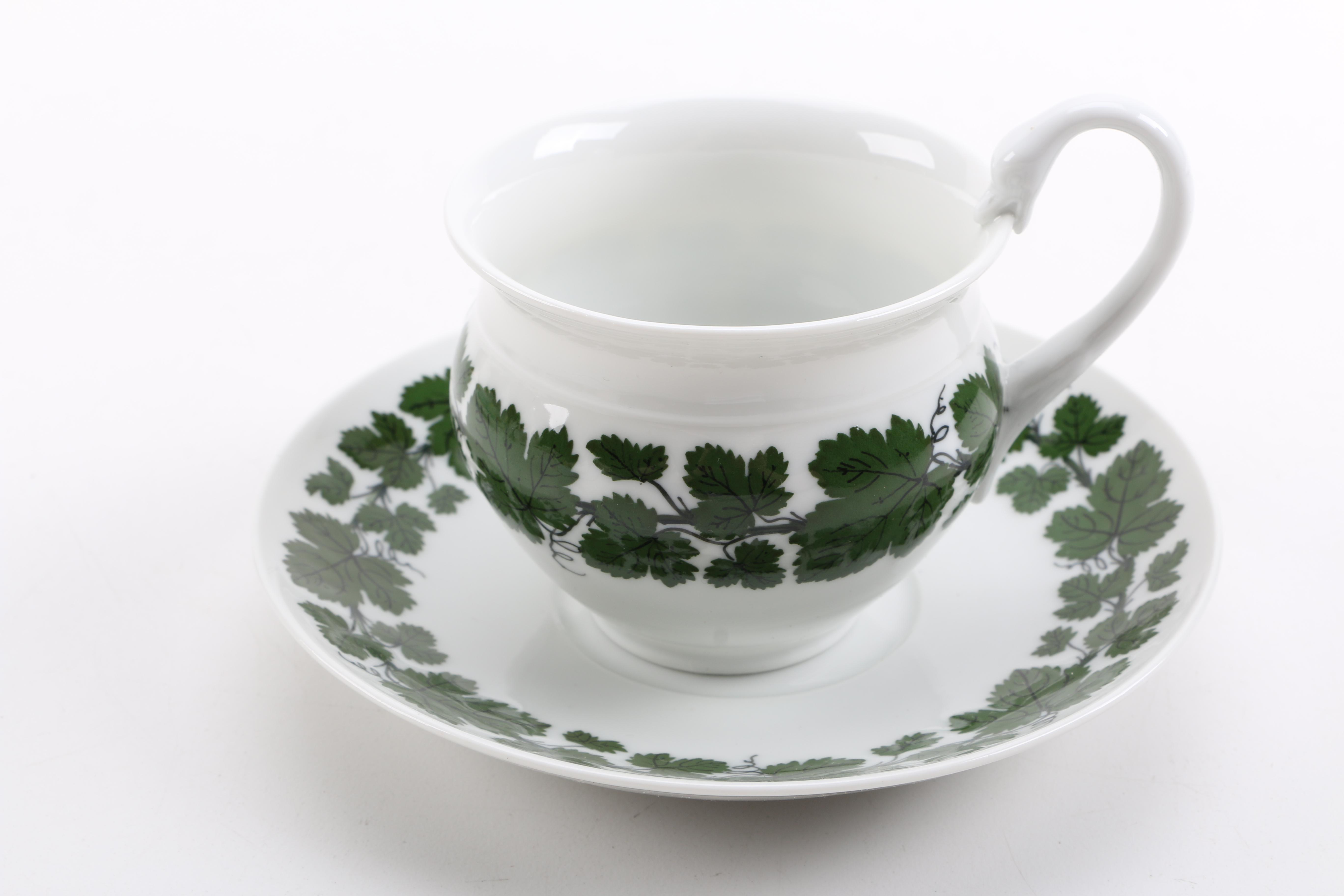 Porcelain Teacups with Saucers Featuring Meissen "Green Ivy Leaf"