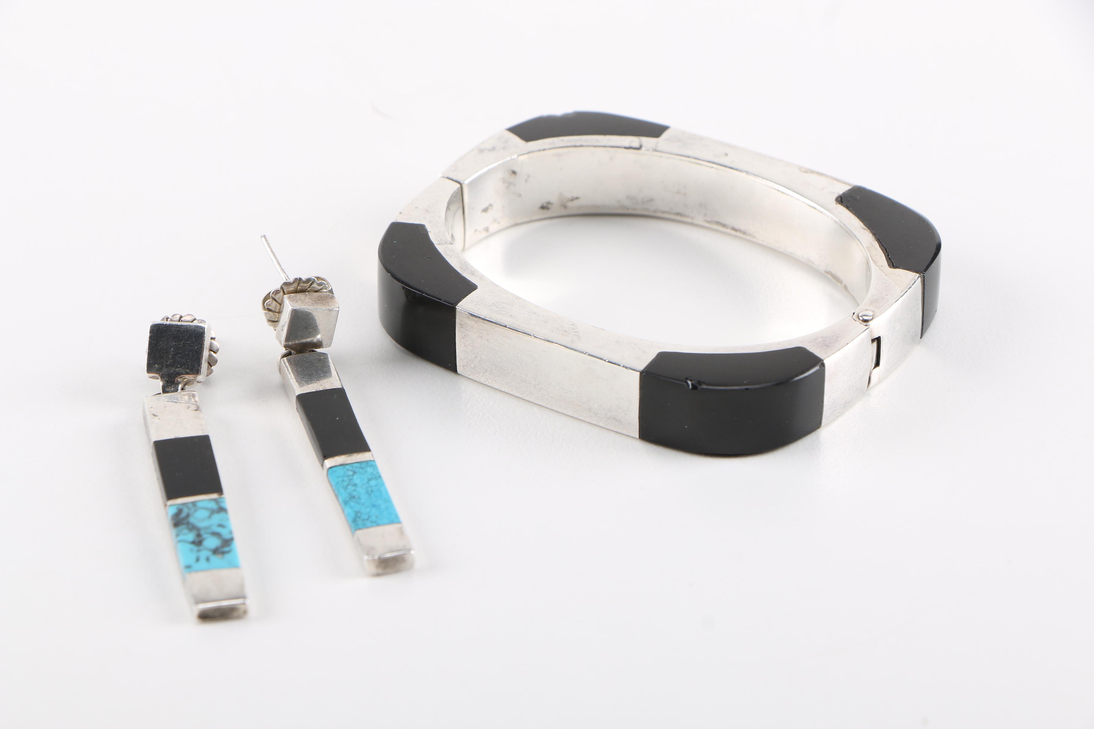 Taxco Sterling Silver Onyx and Resin Earrings and Bracelet