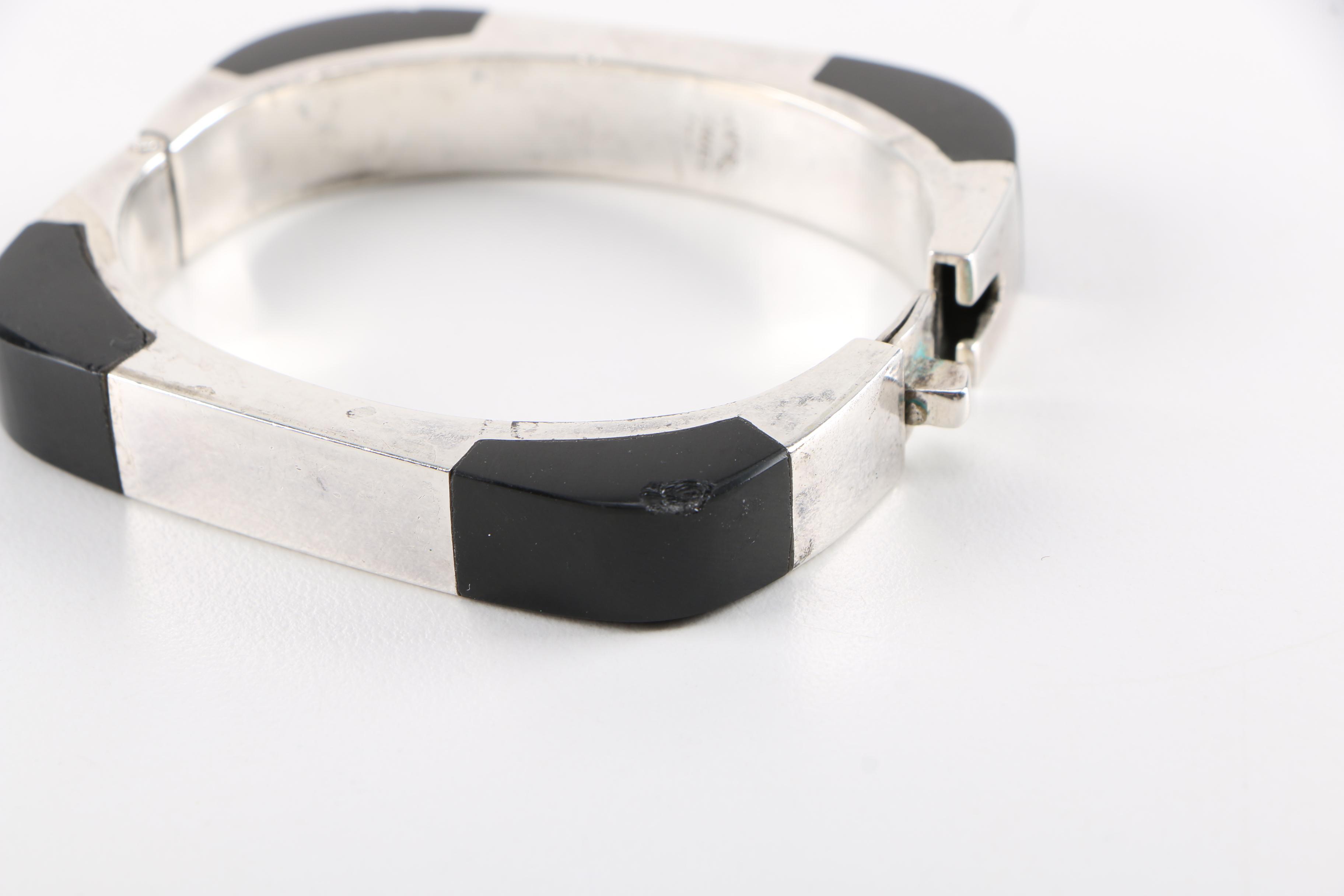 Taxco Sterling Silver Onyx and Resin Earrings and Bracelet