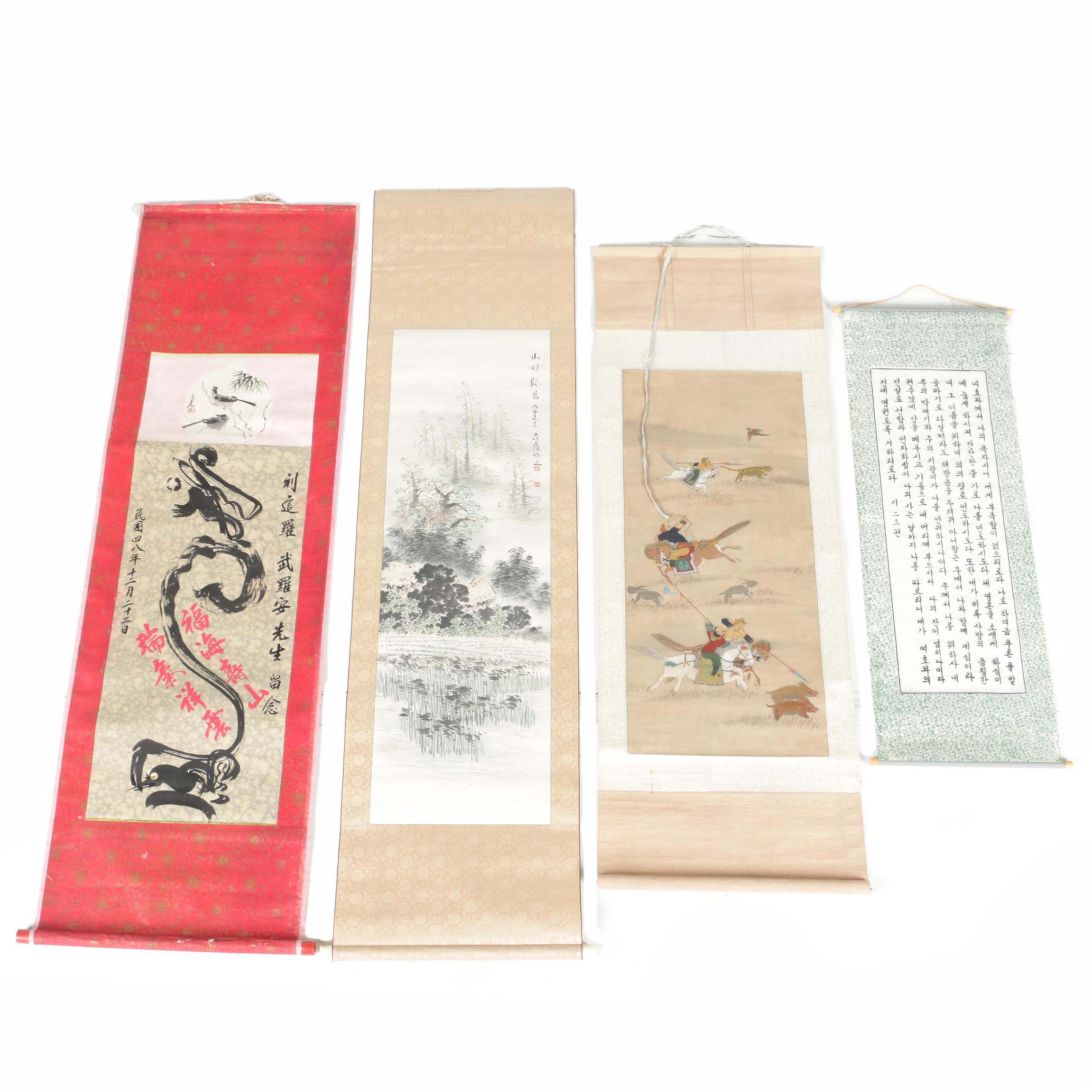 East Asian Gouache and Ink Hanging Scrolls