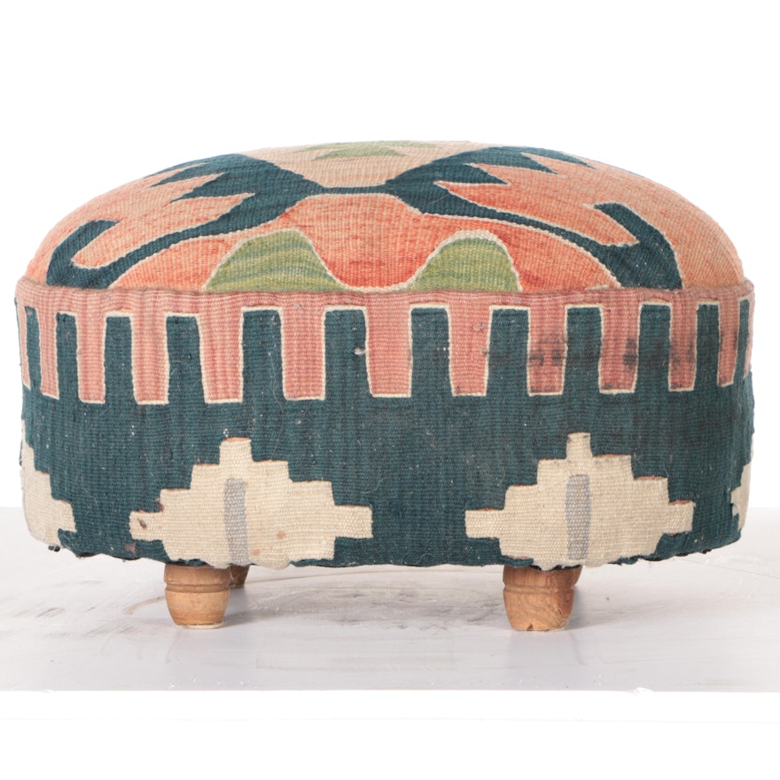 Oval Footstool With Kilim Upholstery