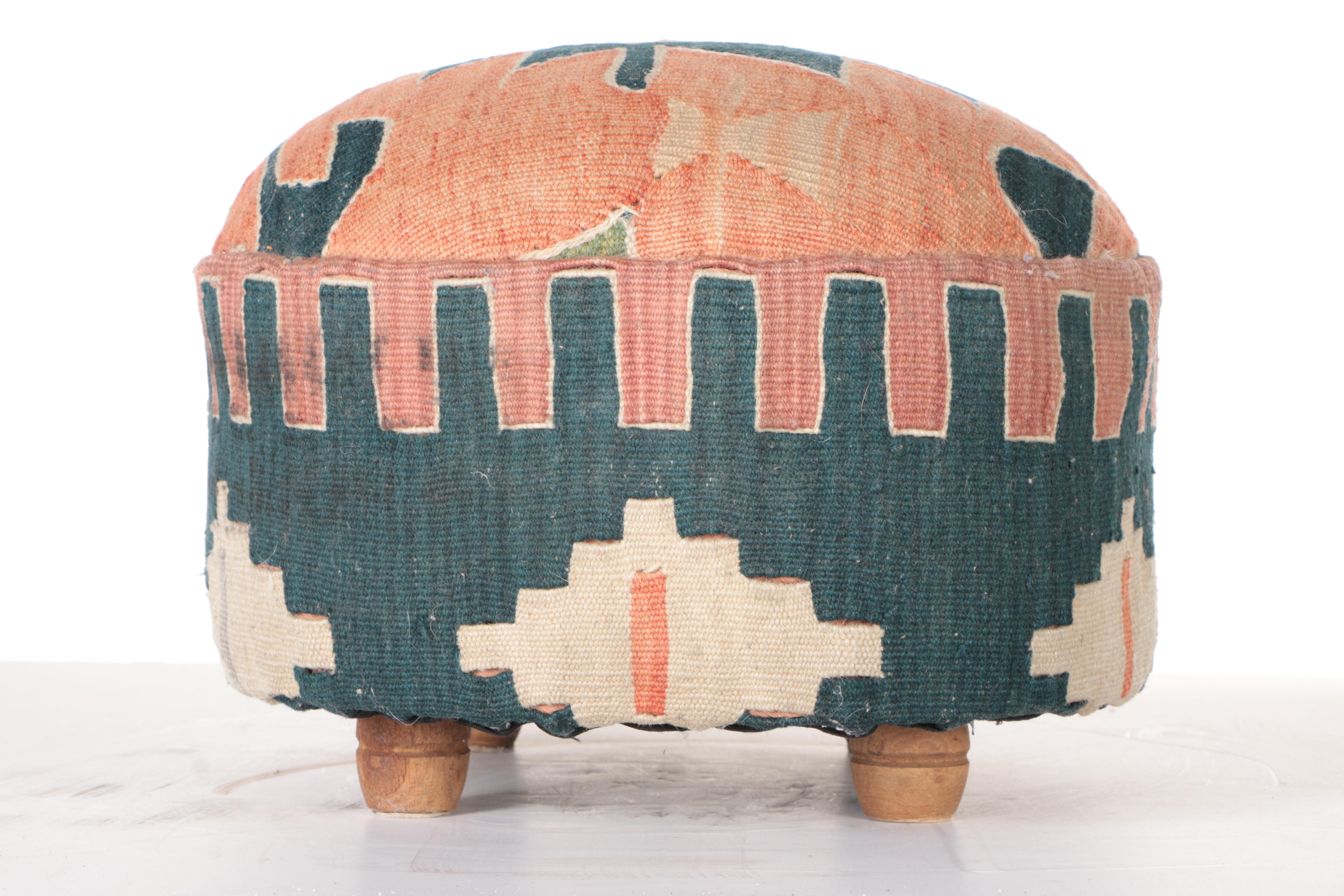 Oval Footstool With Kilim Upholstery