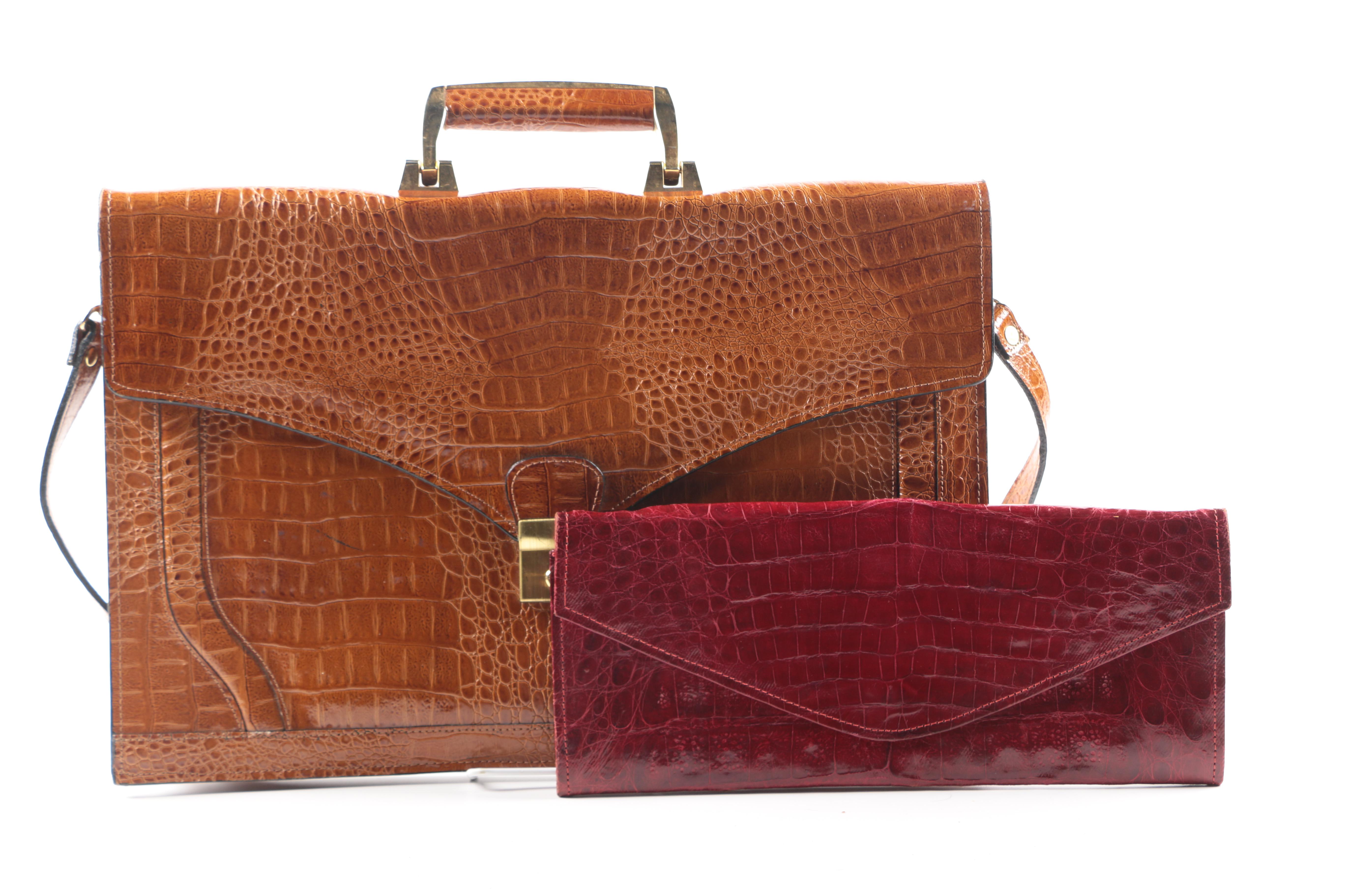 Embossed Leather Briefcase and Alligator Clutch