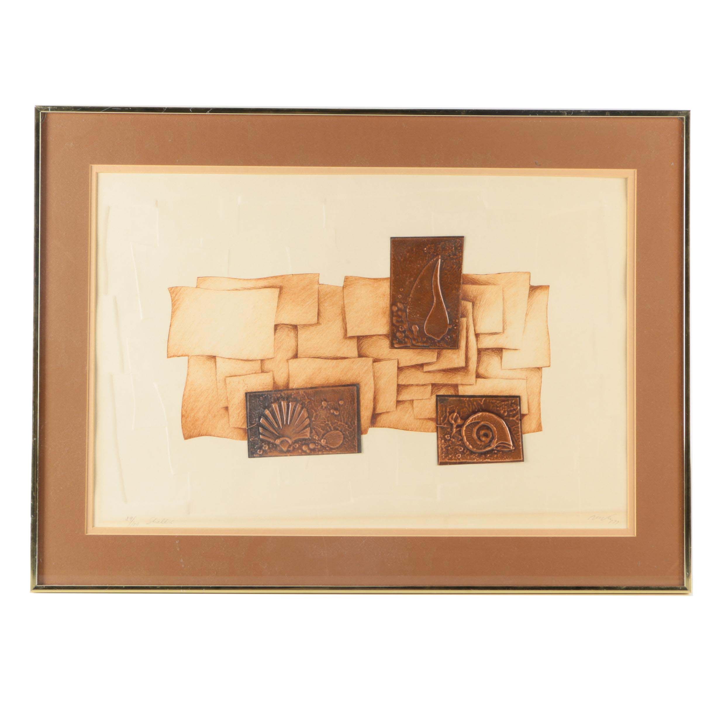 Limited Edition 1977 Print With Mixed Media on Embossed Paper "Shells"