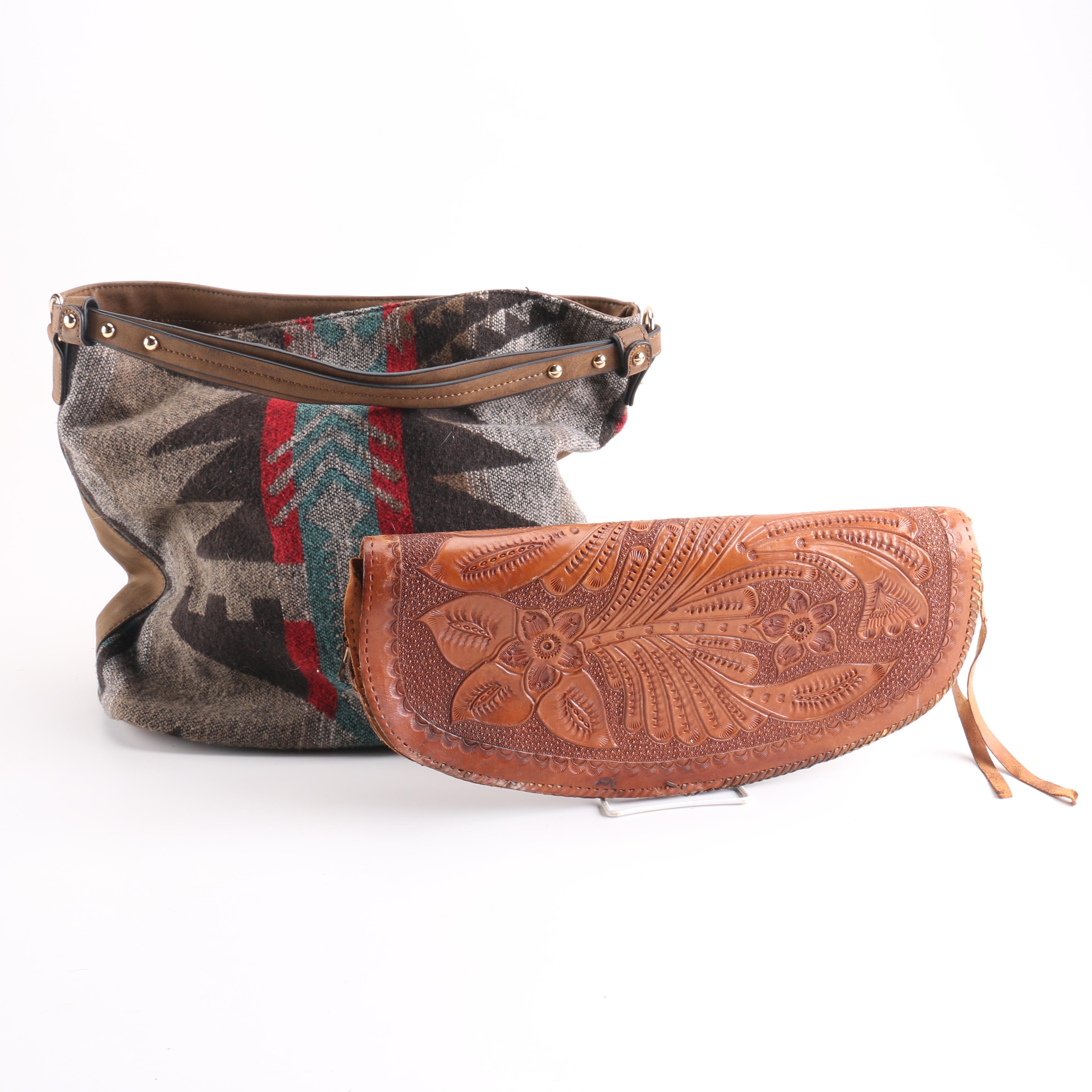 Embossed Leather Floral Purse and Aztec Print Shoulder Bag